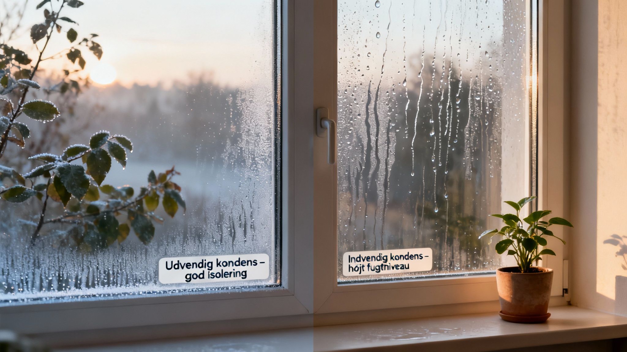 To vinduesruder viser henholdsvis udvendig frost (god isolering) og indvendig kondens (højt fugtniveau).