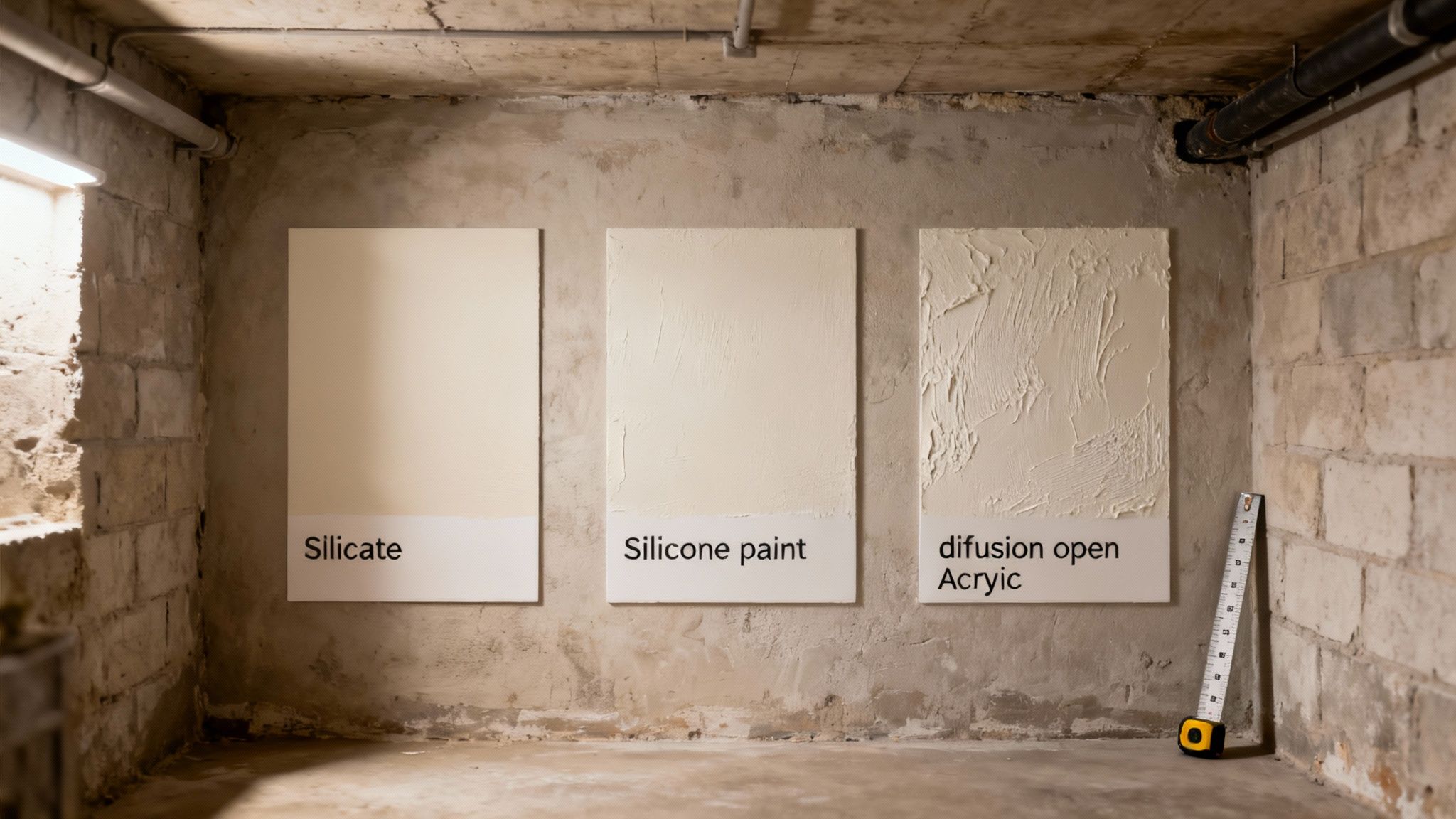 Tre malingsprøver (silikat, silikonemaling, diffusionsåben akryl) på en rå kældervæg med rør og en tommestok.