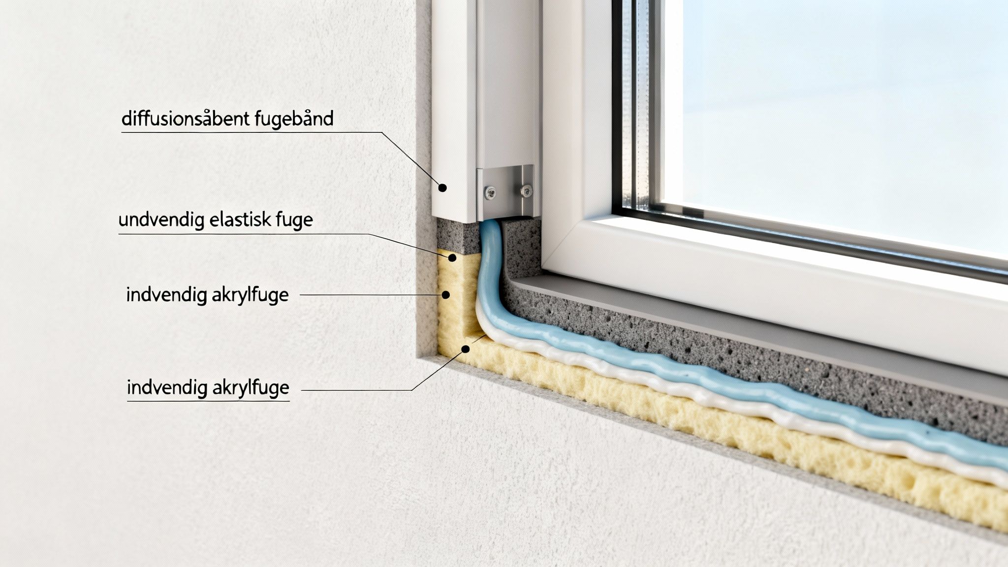 Detaljeret snit af vinduesmontering med isolering og fugebånd. Viser korrekt tætning for energieffektivitet.