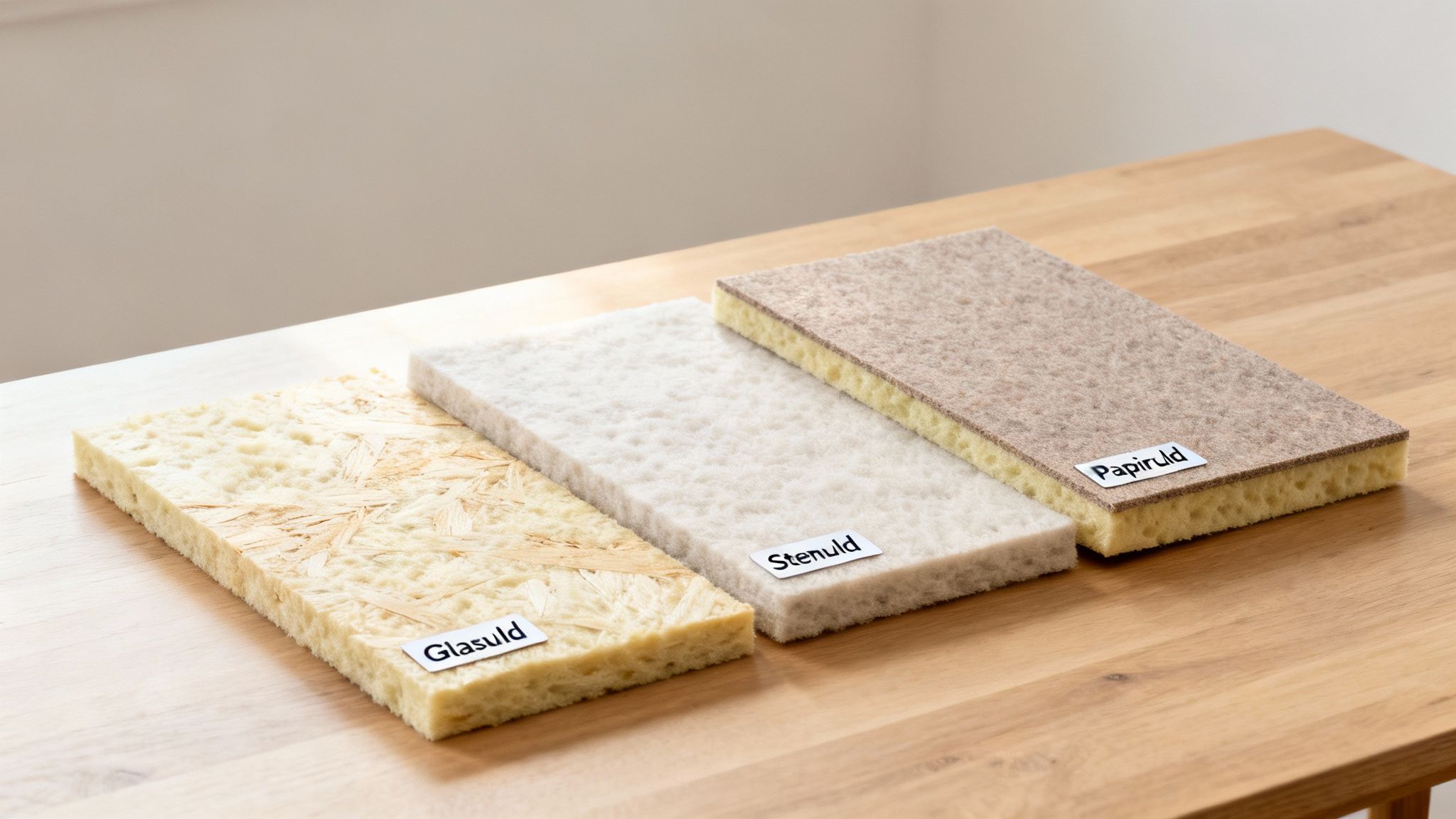 Forskellige typer isolering – Glasuld, Stenuld og Papiruld – præsenteret side om side på et træbord.