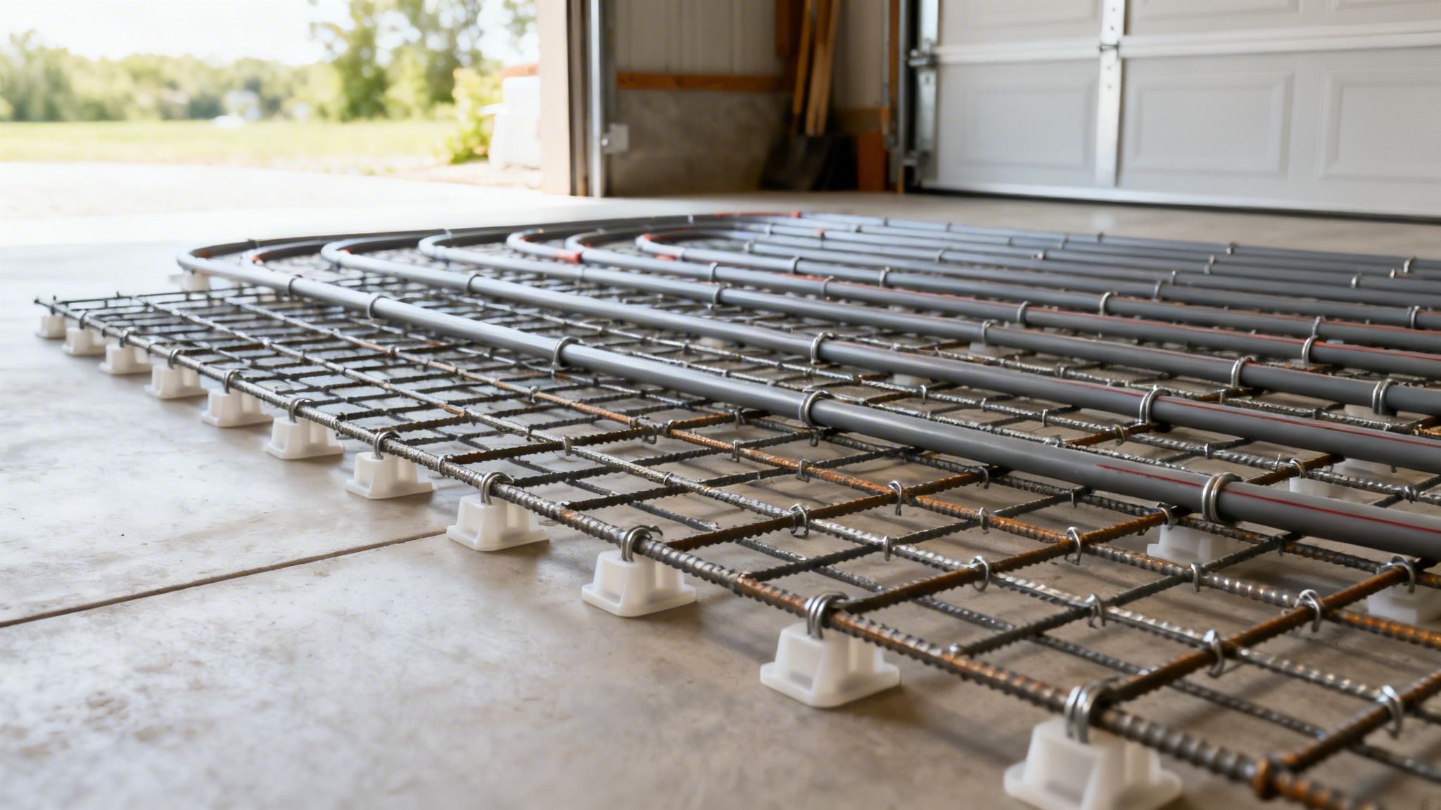Installation af gulvvarmerør og armeringsnet på betongulv klar til støbning i garage.