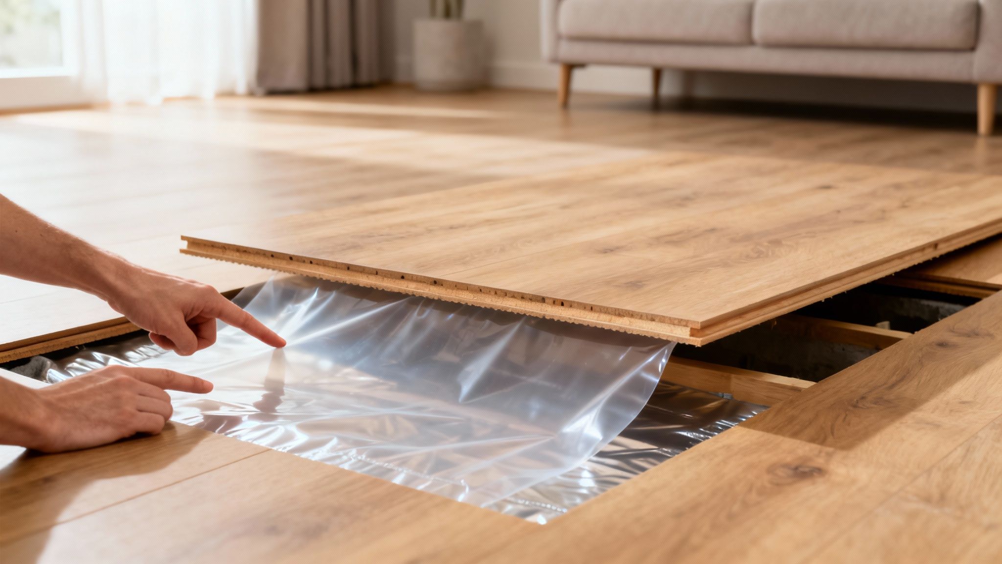 Hænder installerer en dampspærre under et trægulv for at beskytte mod fugt.