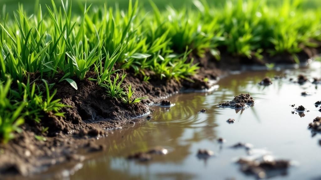 En have med tydelige vandpytter på græsplænen, som indikerer dårlig dræning.