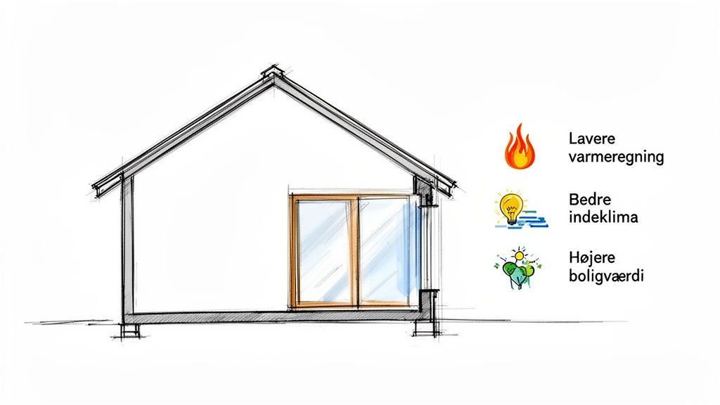 Illustration af et hus i tværsnit, der fremhæver fordelene ved energioptimering: lavere varmeregning, bedre indeklima og højere boligværdi.