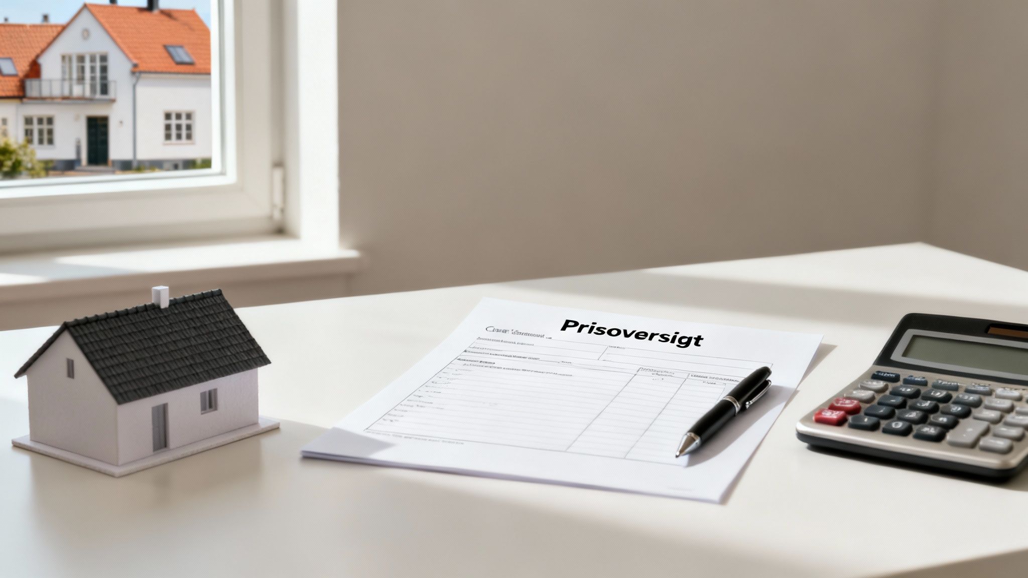 Modelhus, prisoverssigt og lommeregner på et bord med udsigt til et hus gennem et vindue.