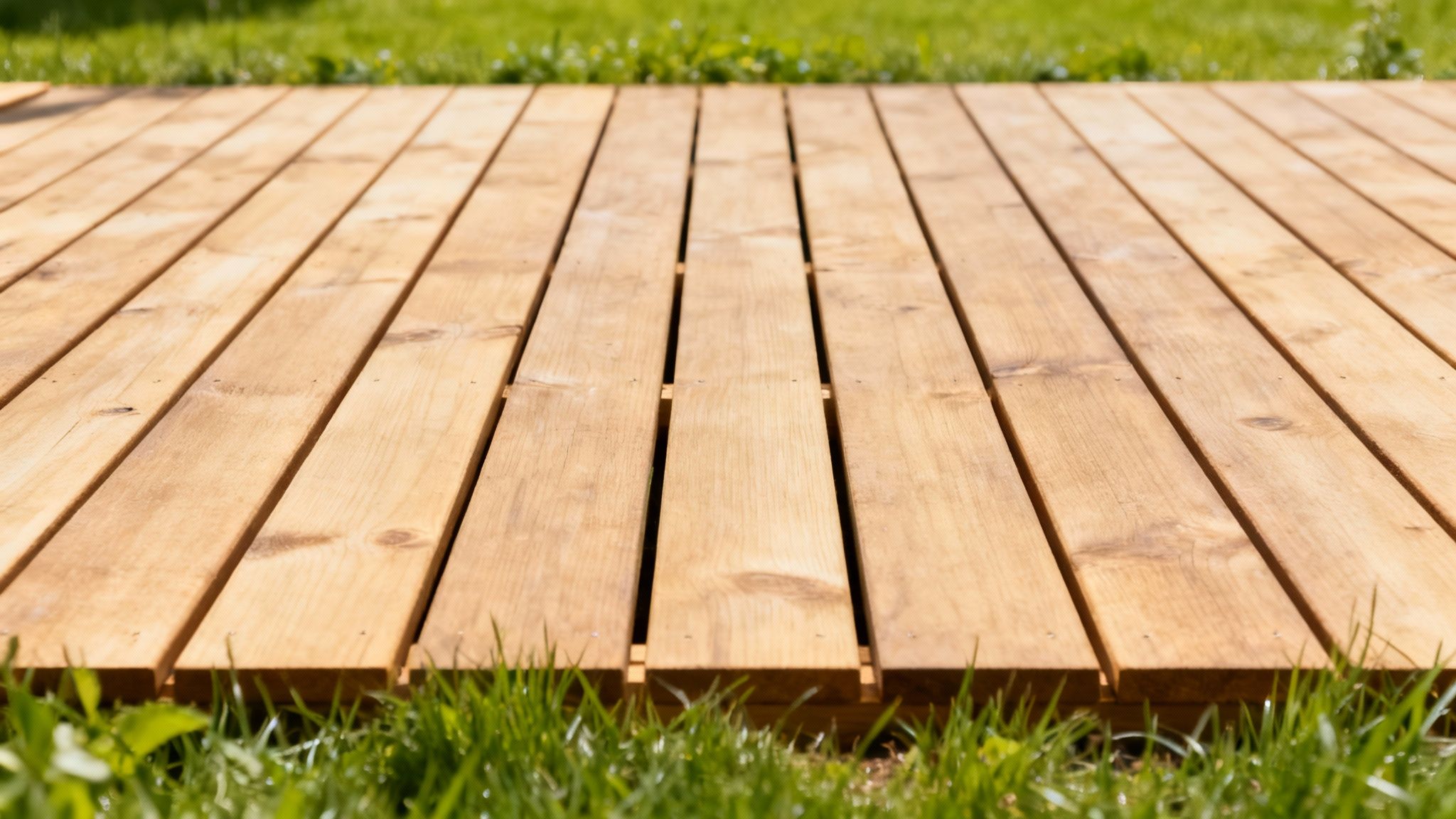 En nybygget træterrasse i lyst træ i solskin
