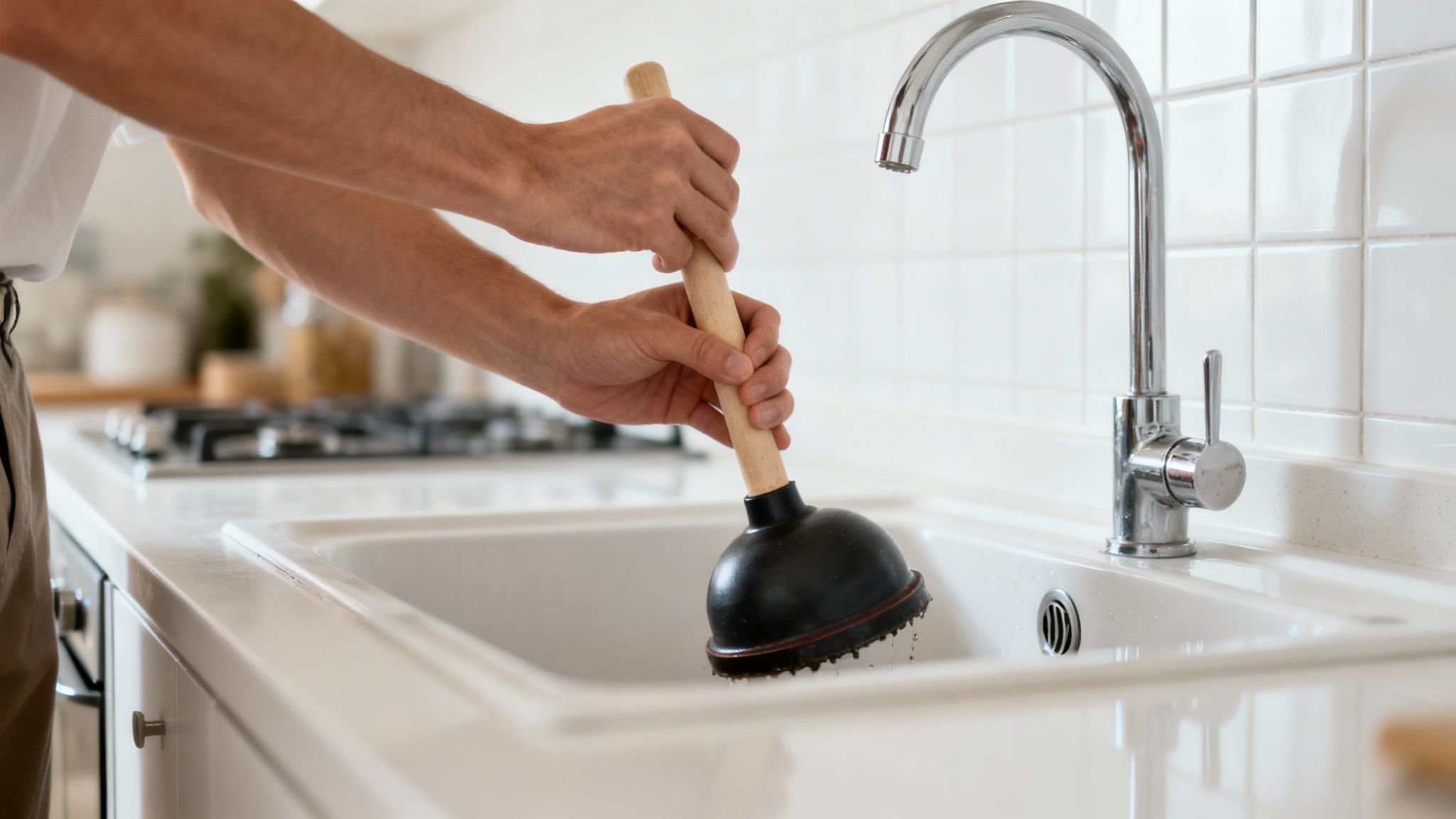 Nærbillede af en person, der bruger en svupper til at rense et tilstoppet afløb i et køkken. Et hvidt køkken med fliser i baggrunden.