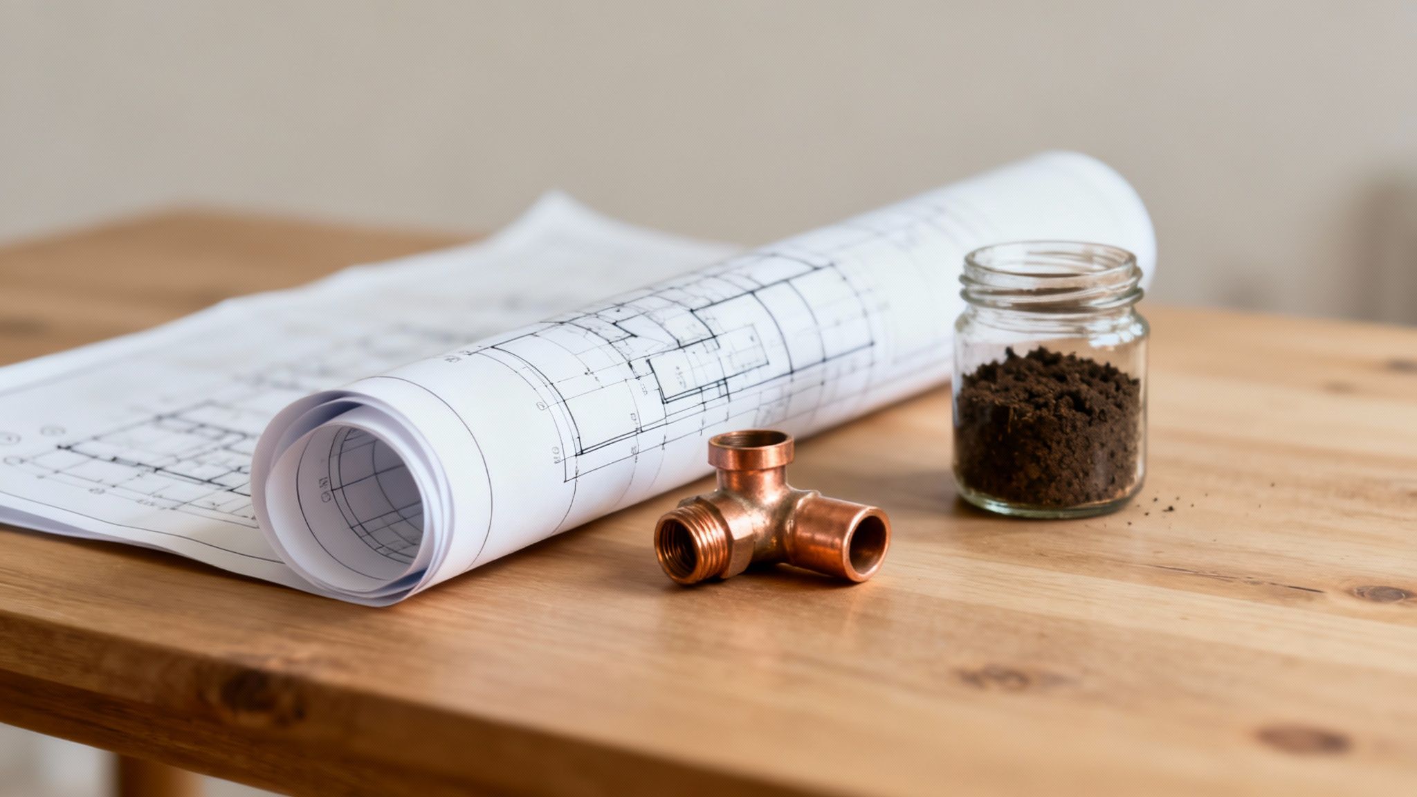 En håndværker der tager mål på en byggeplads, hvilket illustrerer planlægningsfasen af en tilbygning