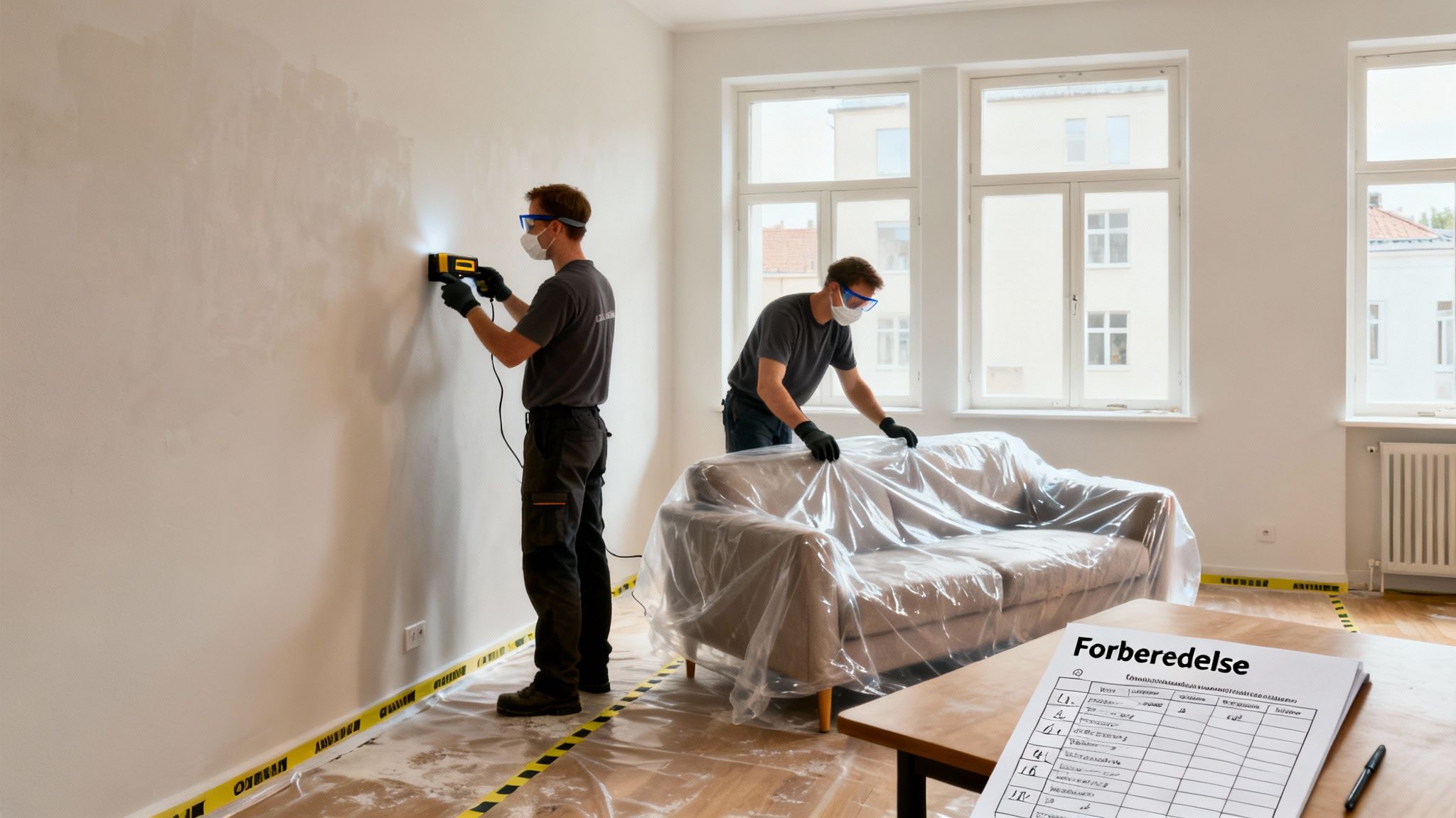 To håndværkere forbereder et rum til renovering; den ene scanner en væg, den anden dækker en sofa med plast.