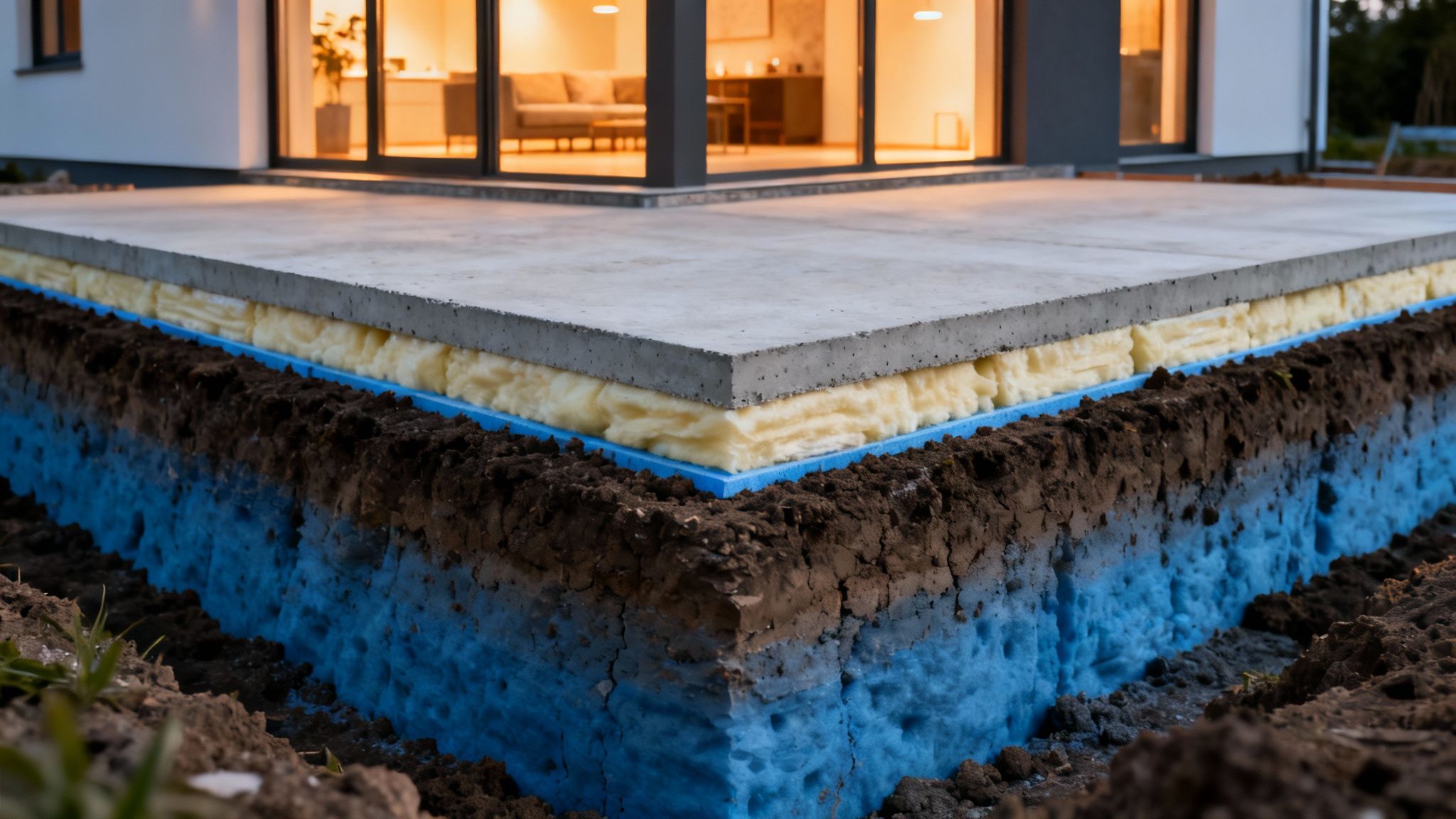 Detaljeret snit af et hus' terrændæk med isolering, beton og jordlag, set udefra.