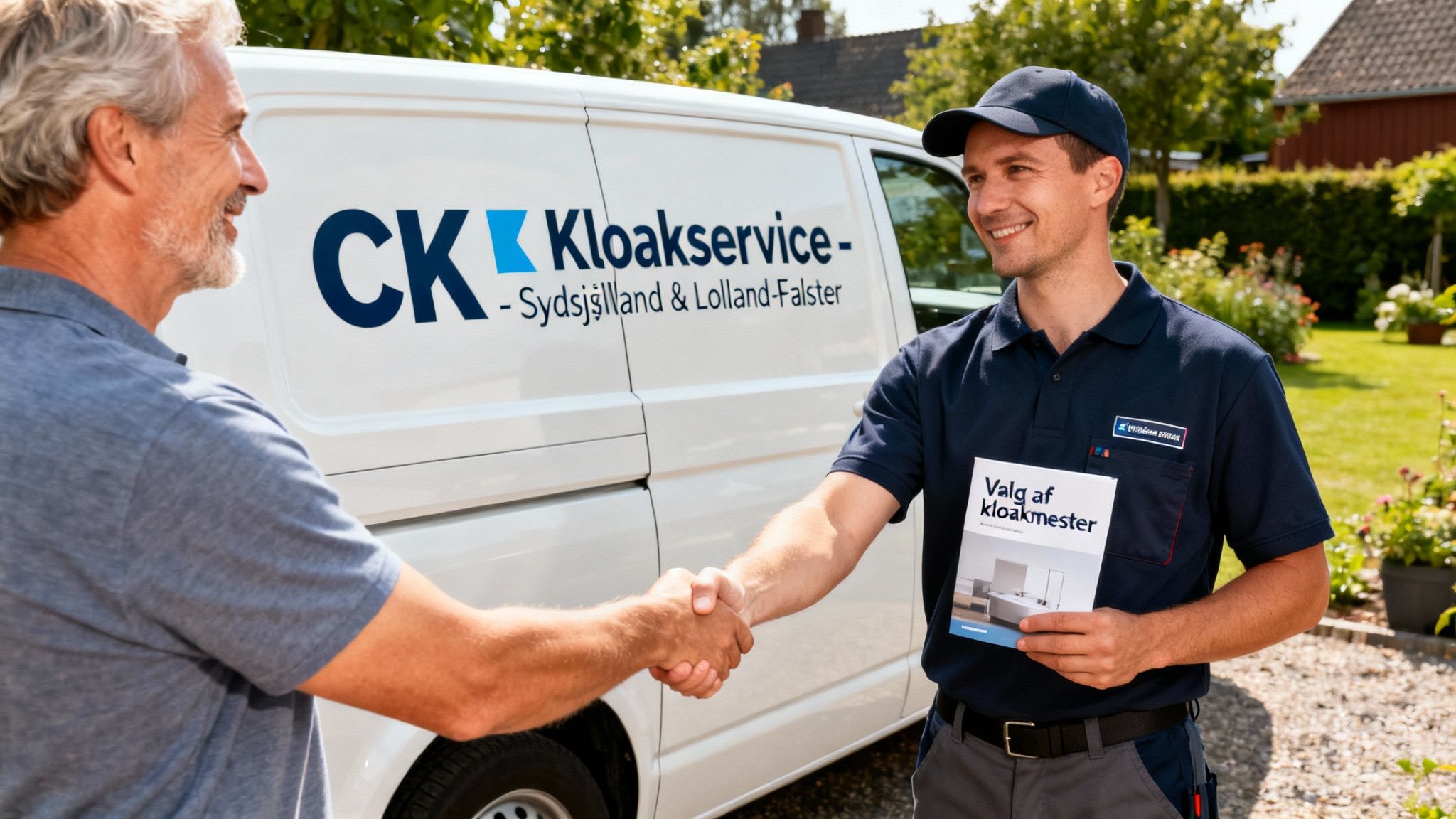 En servicearbejder fra CK Kloakservice giver hånd til en kunde. De står foran en servicevogn i et villakvarter. Medarbejderen holder en brochure.