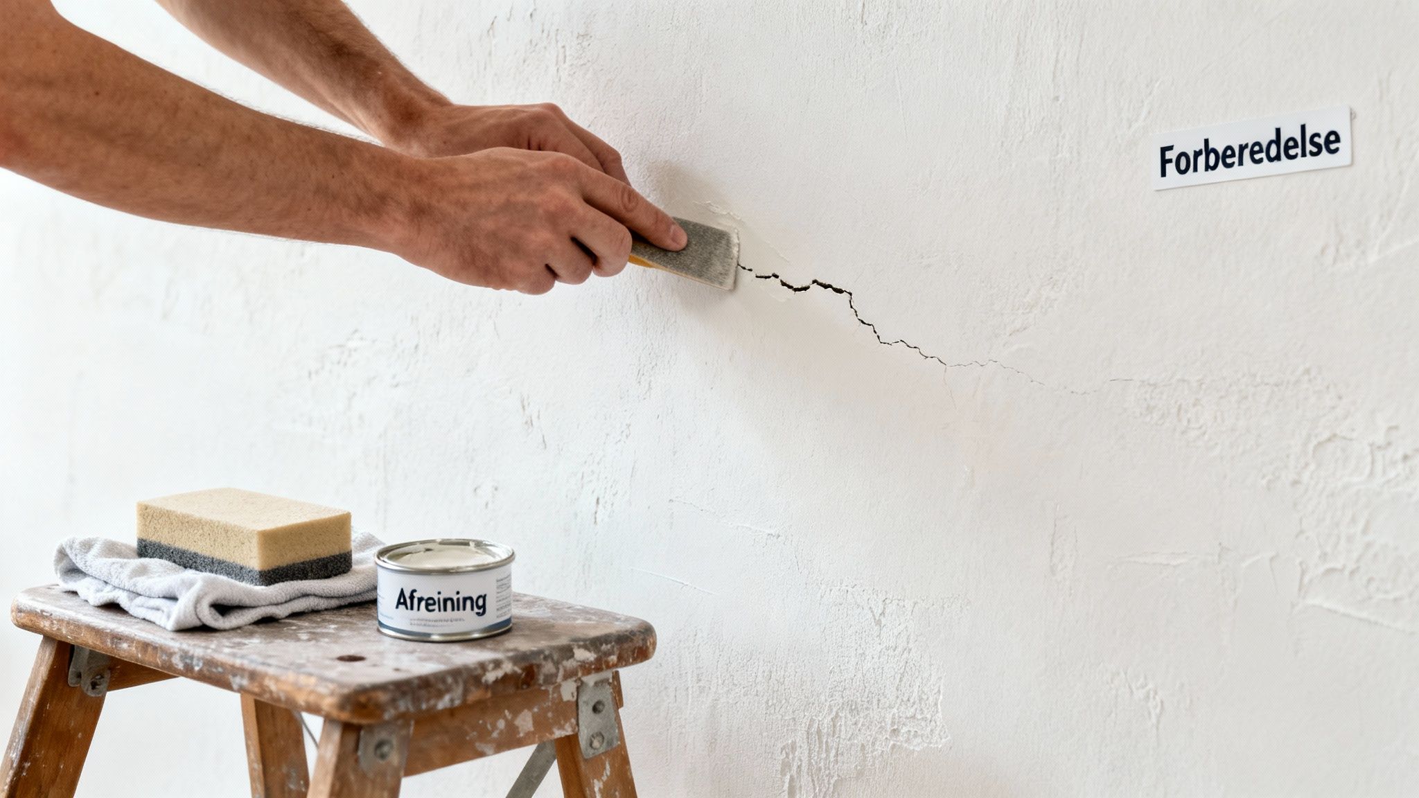 En person forbereder en væg til reparation ved at skrabe en revne, med rengøringsmidler i nærheden.