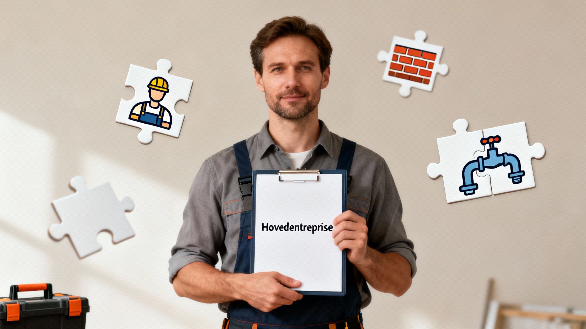 En mand holder et clipboard med 'Hovedentreprise'. Rundt om ham svæver puslespilsbrikker med byggetemaer som murer, blikkenslager og en arbejder.