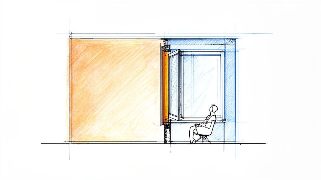 Arkitekttegning af rum med termorude og en person, der sidder ved vinduet.
