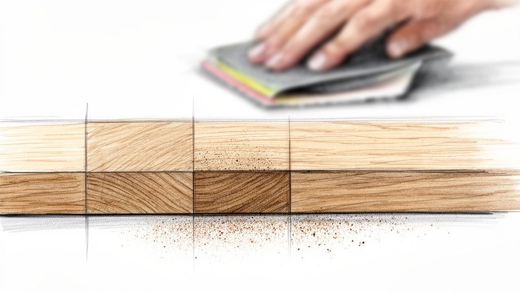 Hånd sliber træprøver, der viser forskellen i træets overflade og udseende.