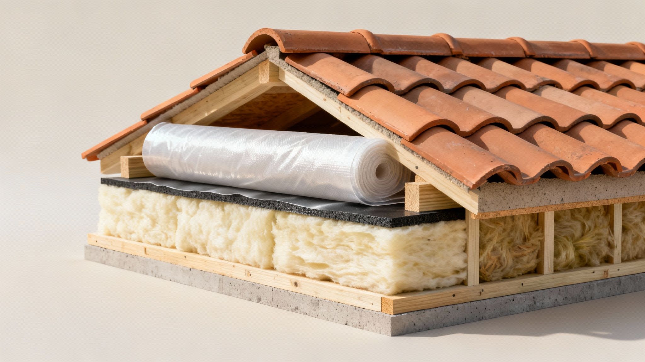 Model af tagkonstruktion der viser isolering, taglægter, tagsten og dampspærre.