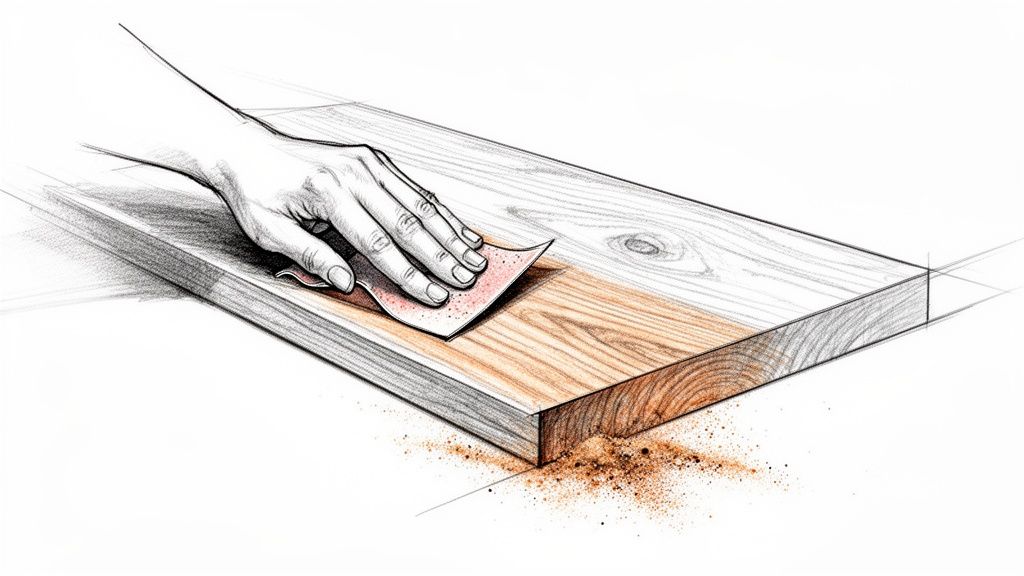 En hånd sliber en træplanke med sandpapir, hvilket afslører den behandlede træoverflade og producerer savsmuld.