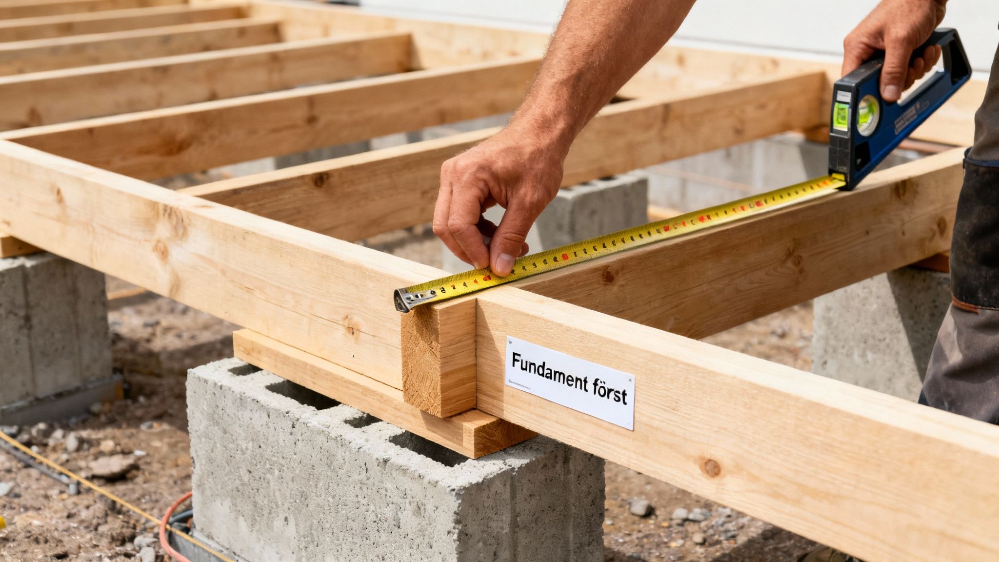 En hånd måler en træramme til en træterrasse med et målebånd. Fundamentet er bygget på betonblokke.