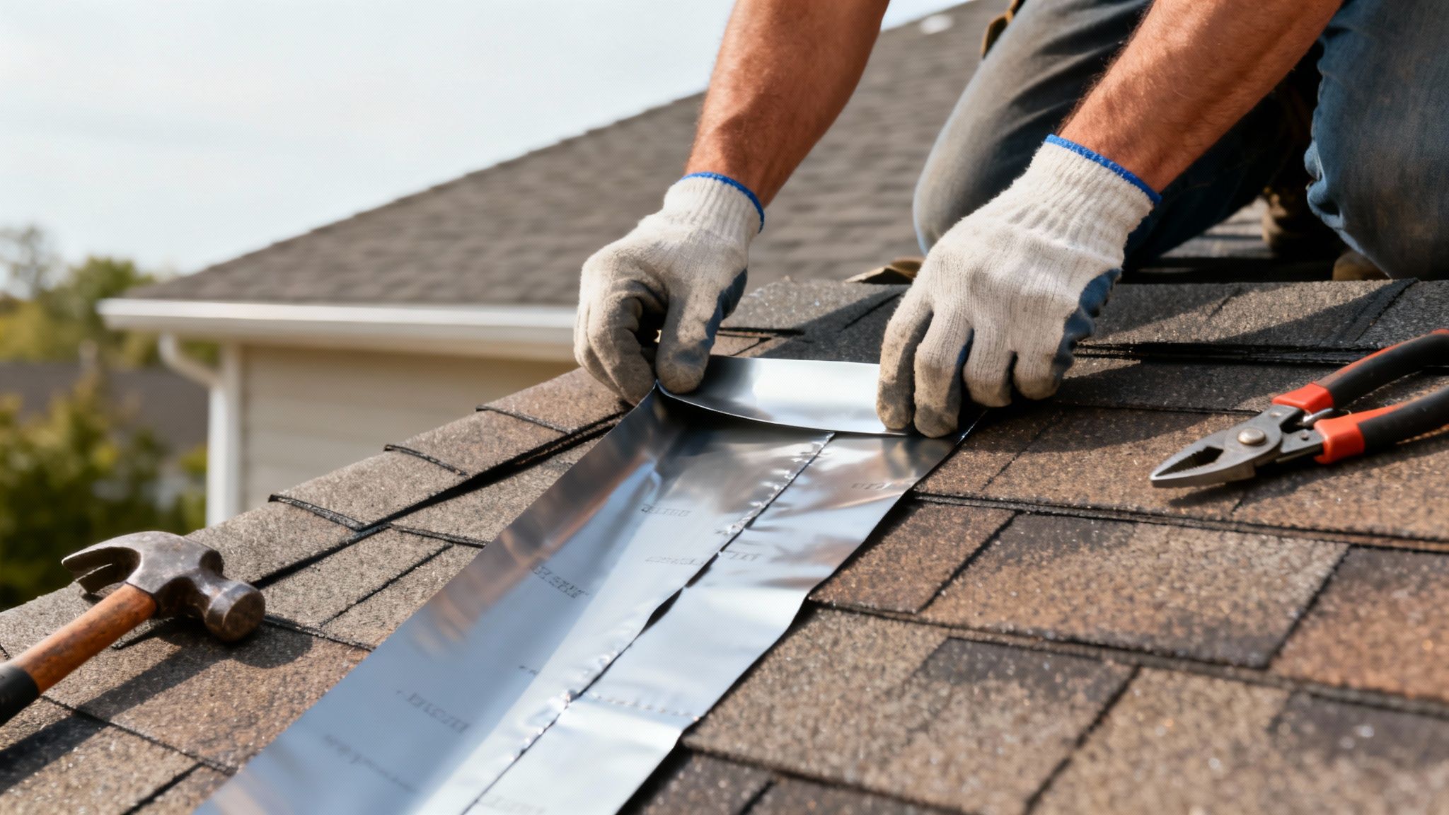 Nærbillede af en person, der installerer metalinddækning på et tag med asfaltshingler, med en hammer og tang i nærheden.