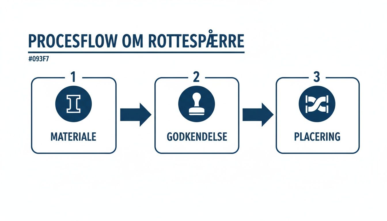 Procesflow for rottespærreinstallation med tre trin: materiale, godkendelse og placering.