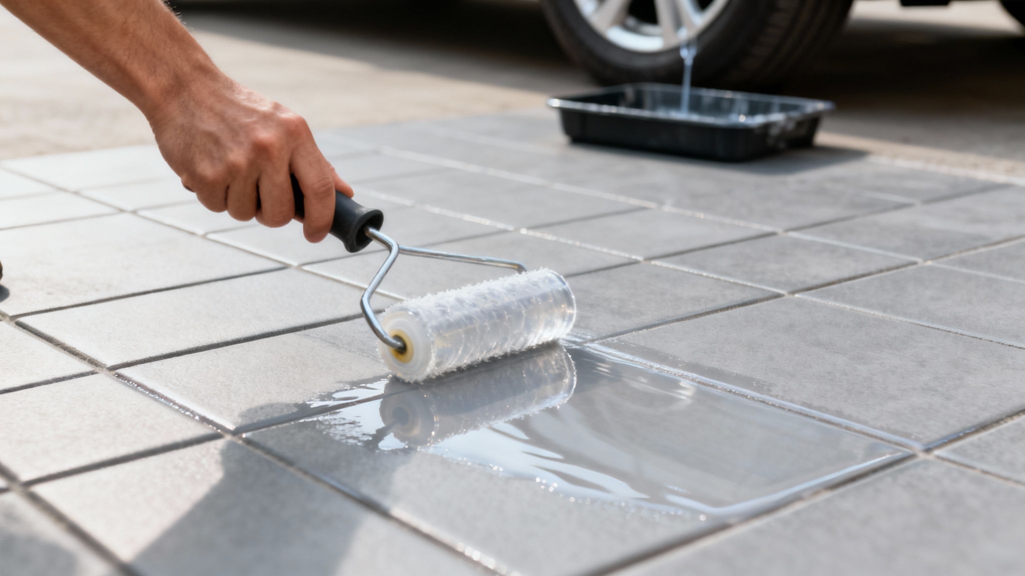 En person forsegler rene udendørs fliser med en malerrulle.