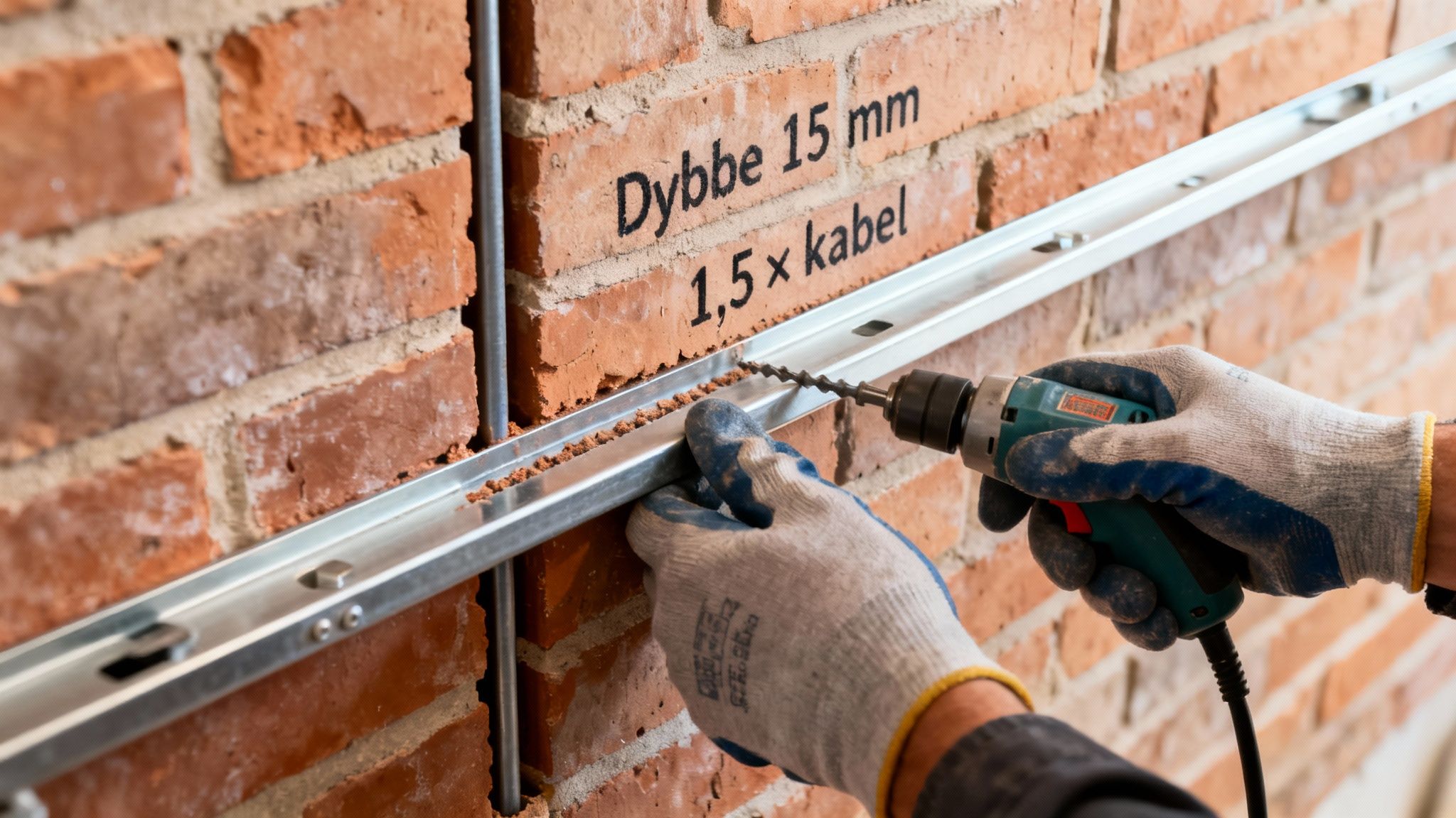 Håndværker borer i en murstensvæg for at forberede installation af kabler i en metalprofil.