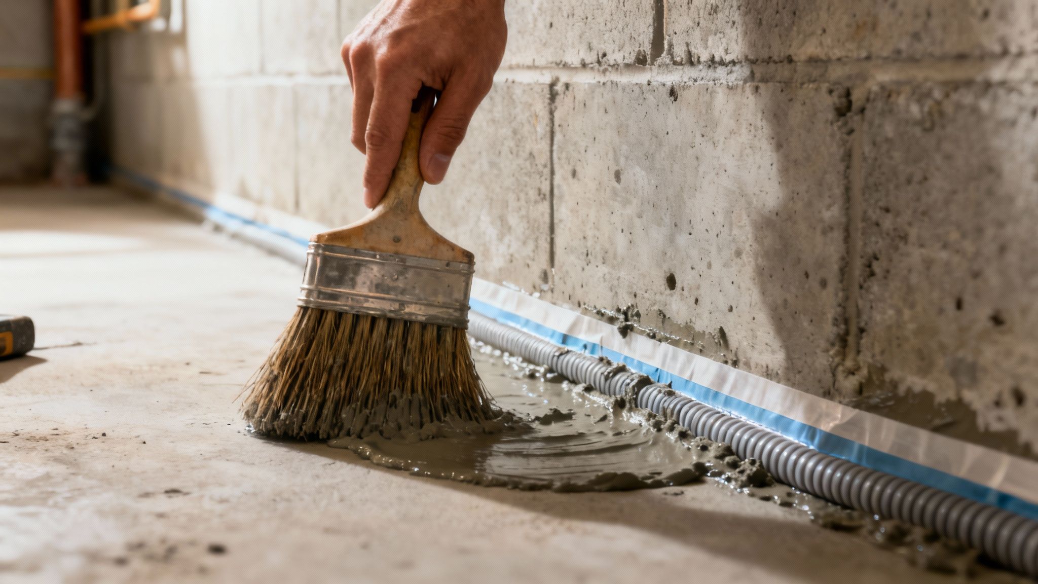 En hånd maler en flydende grå substans ved foden af en betonvæg, hvor et drænrør er synligt.