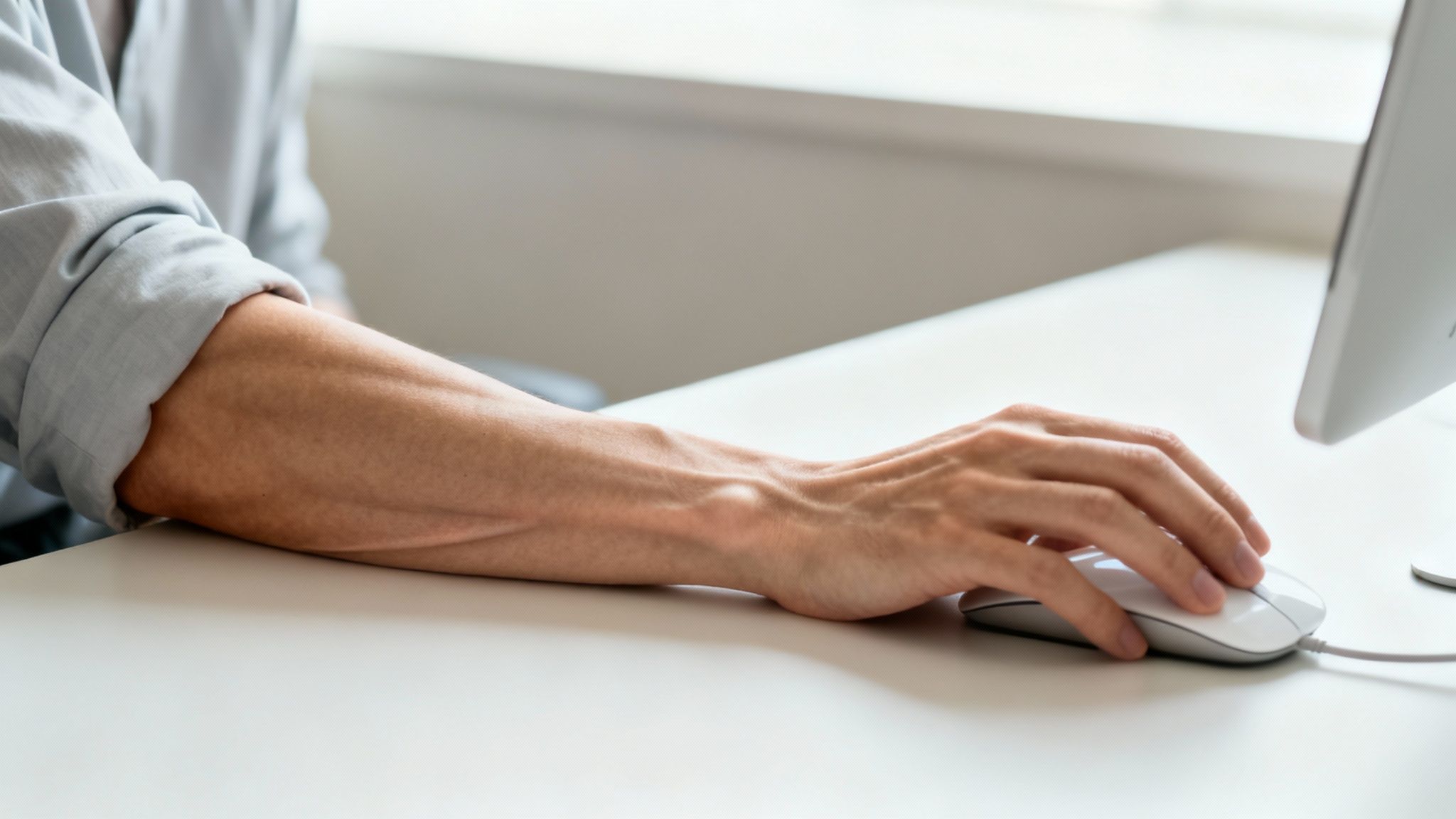 Nærbillede af en persons arm og hånd, der bruger en hvid computermus på et lyst skrivebord.