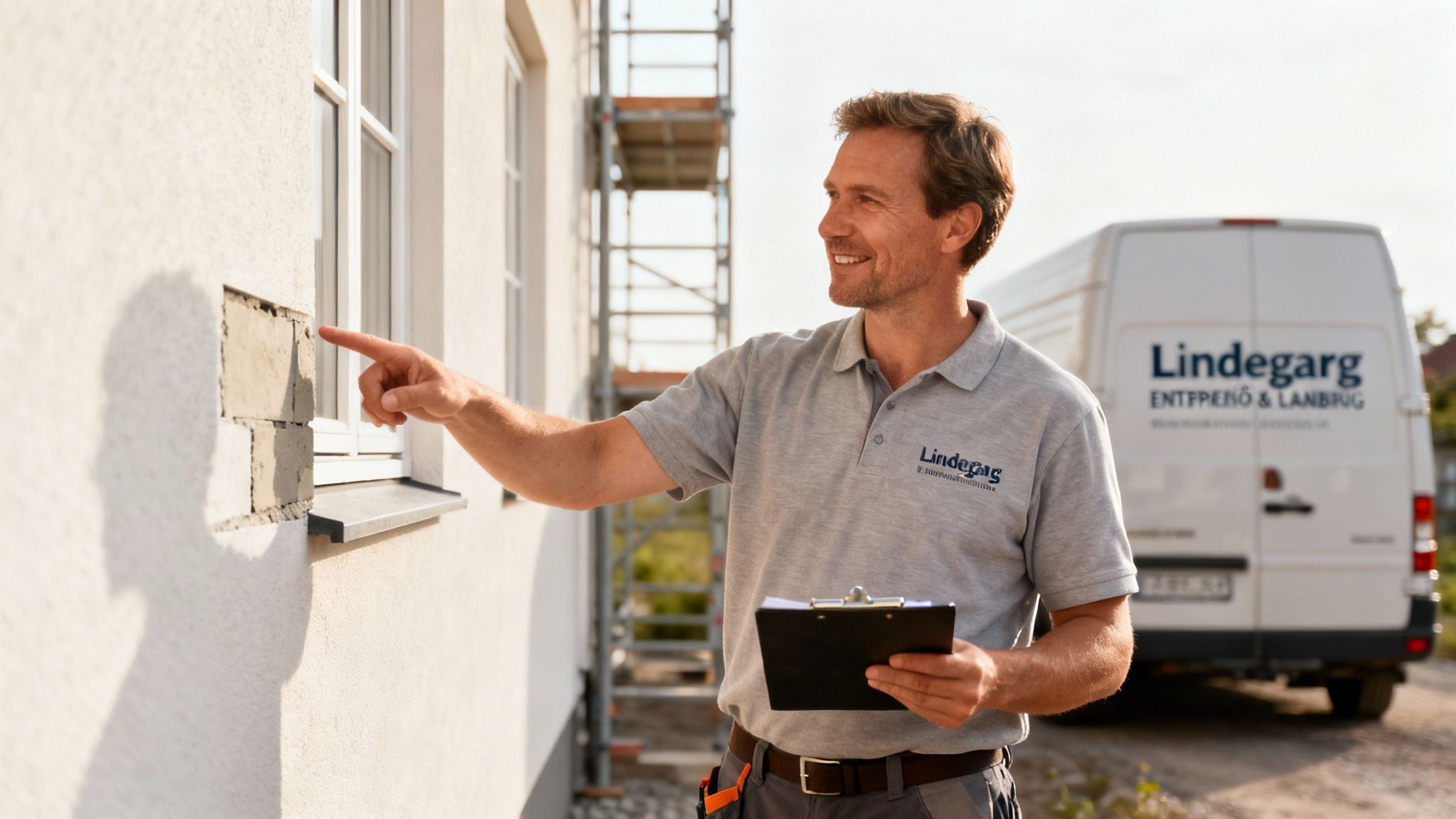 Mand i polo-skjorte fra Lindegård peger på en murstensvæg ved et vindue med en varevogn i baggrunden.