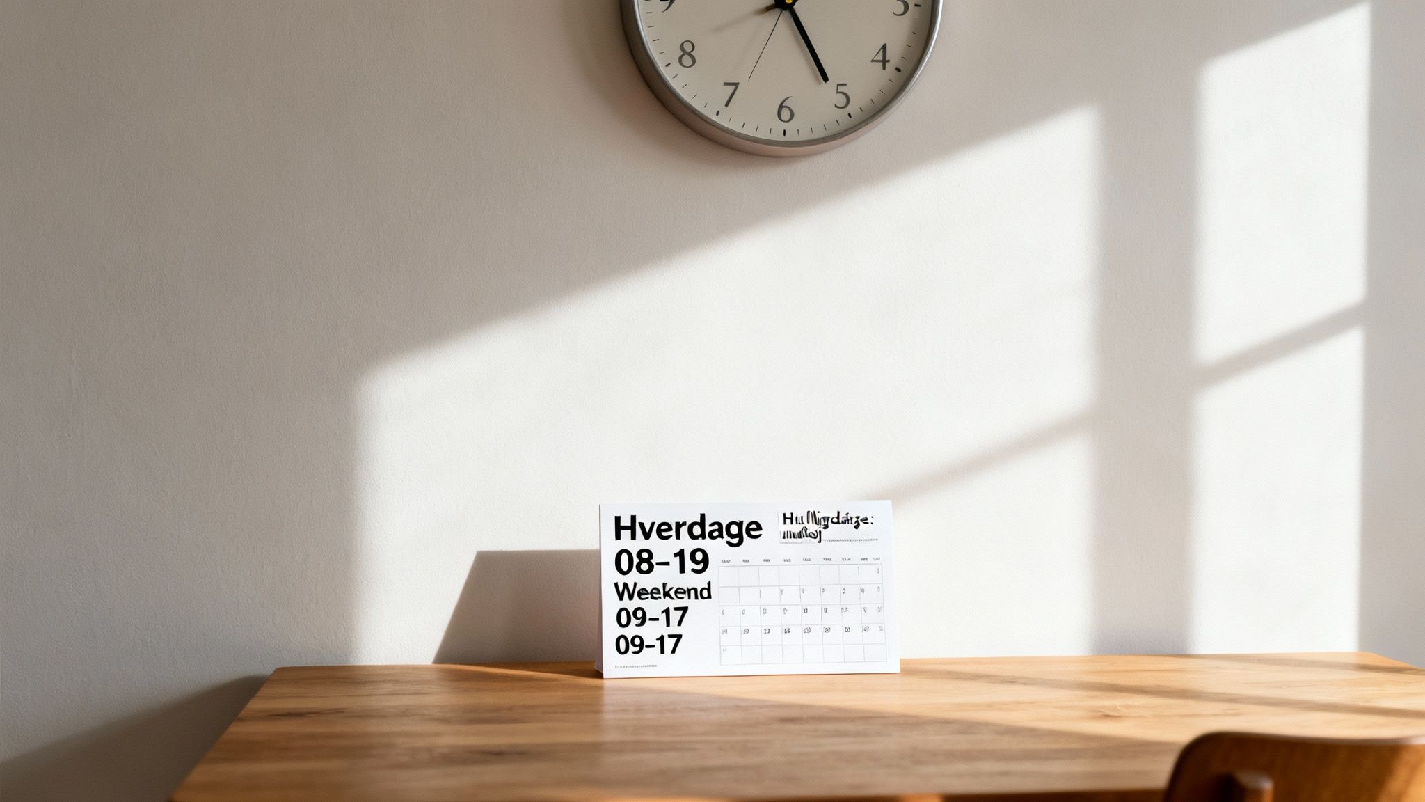 Et vægur på en hvid væg over et træbord med en kalender, der viser åbningstider og skygger.