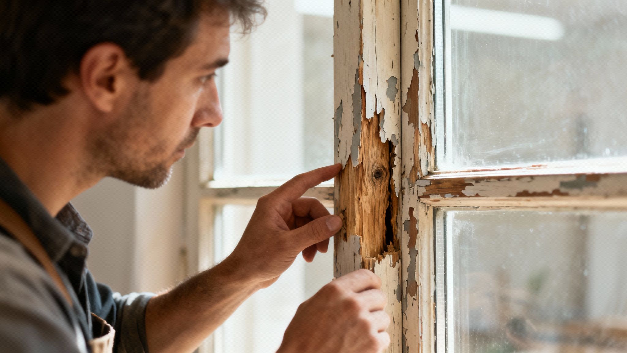 Et gammelt vindue under renovering med værktøj og træspartel