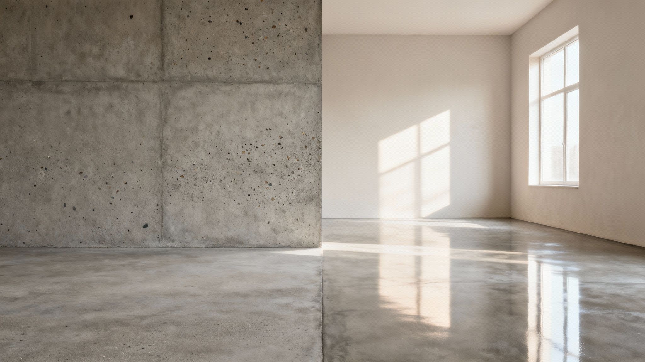 Et tomt rum med en betonvæg og et vindue, der kaster sollys og refleksioner på det polerede betongulv.
