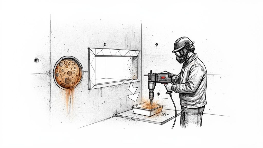 En person i beskyttelsesudstyr borer i en væg med en boremaskine, mens støv falder ned i en bakke.