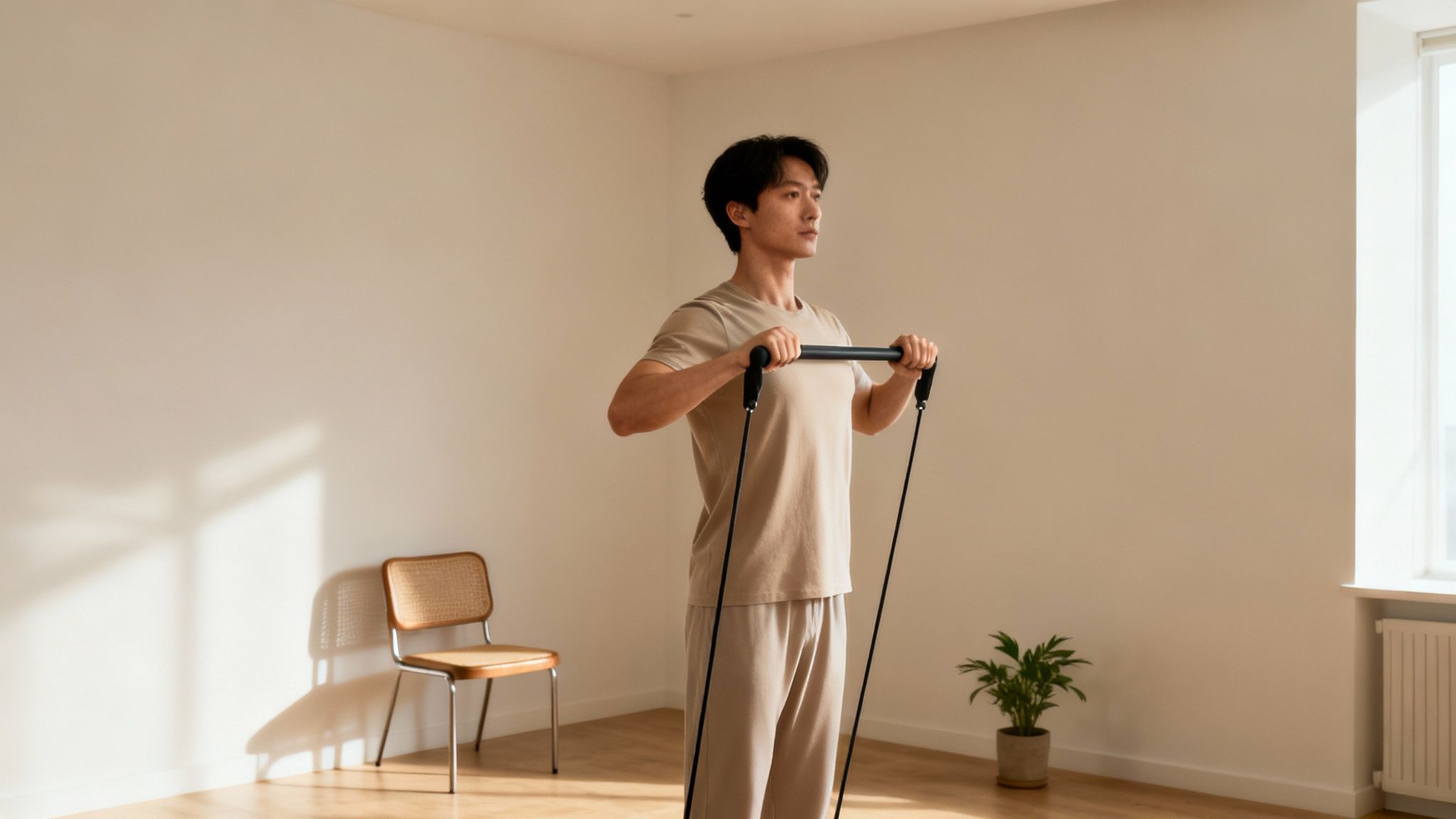 Ung mand træner skuldre med en modstandsbåndstang i et lyst rum med naturligt lys.