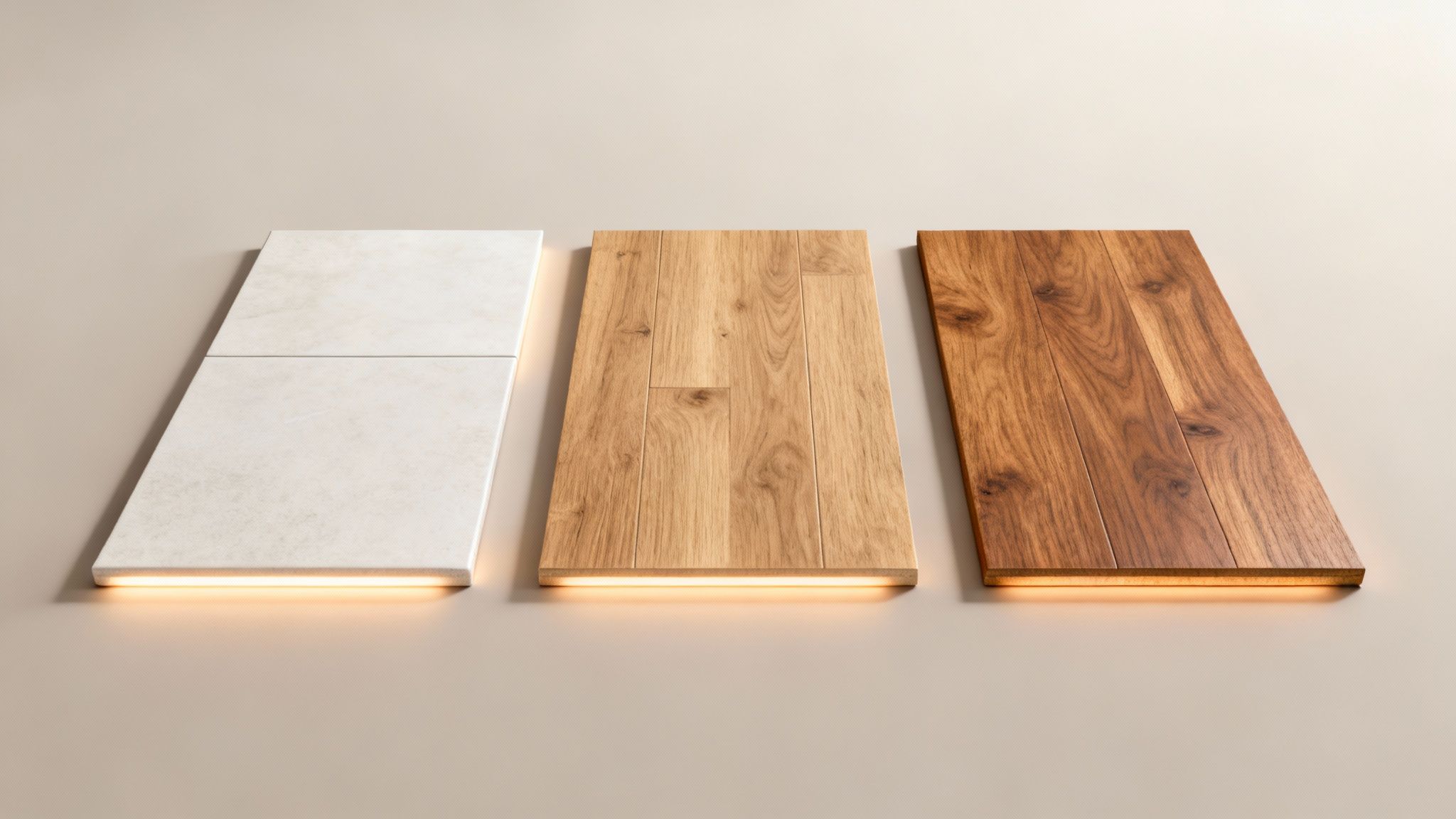 Tre forskellige gulvprøver (fliser, lyst træ, mørkt træ) med glødende undergulvvarme.