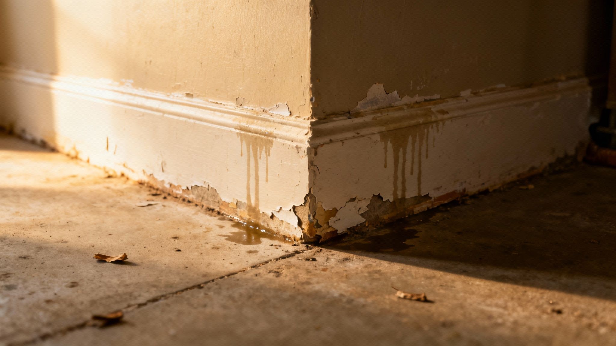 Vandskade i hjørne med afskallende maling og vandpytter på gulvet, der viser fugtproblemer.