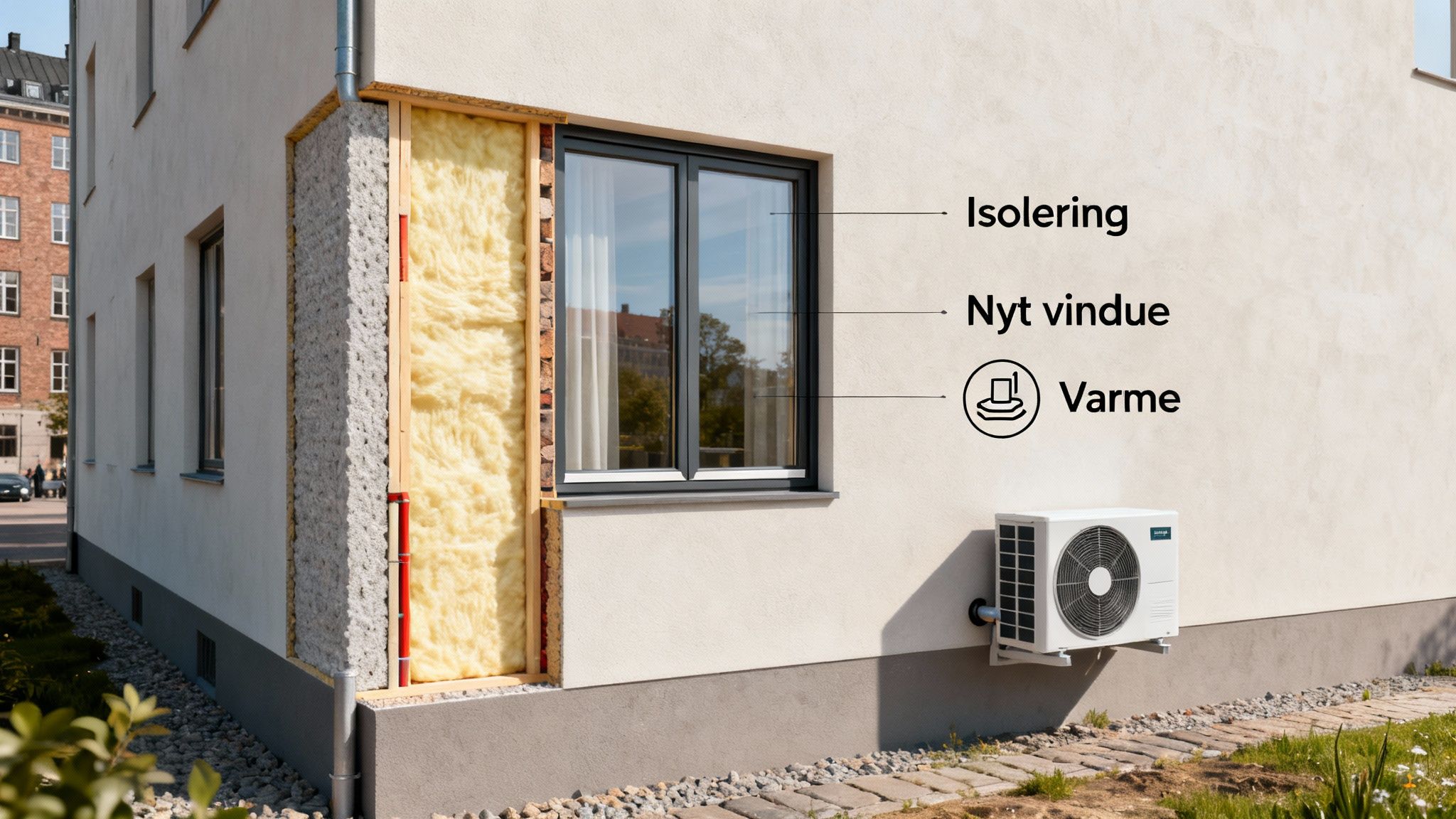Billede af en bygnings totalrenovering med fokus på isolering, nyt vindue og varmepumpe for bedre energieffektivitet.