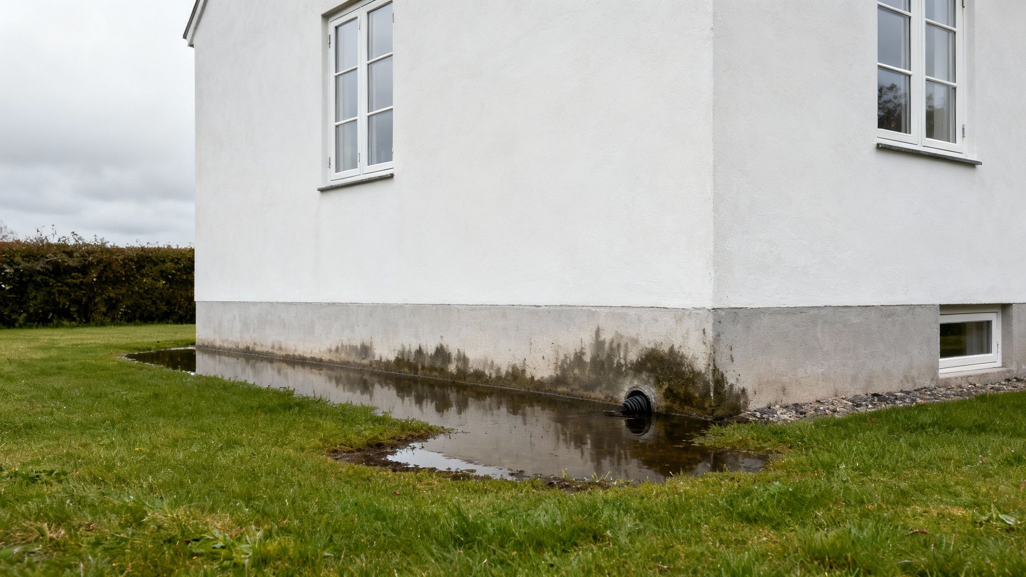 Hvidt hus med vandpyt ved fundamentet, der viser fugtskader og en drænslange.