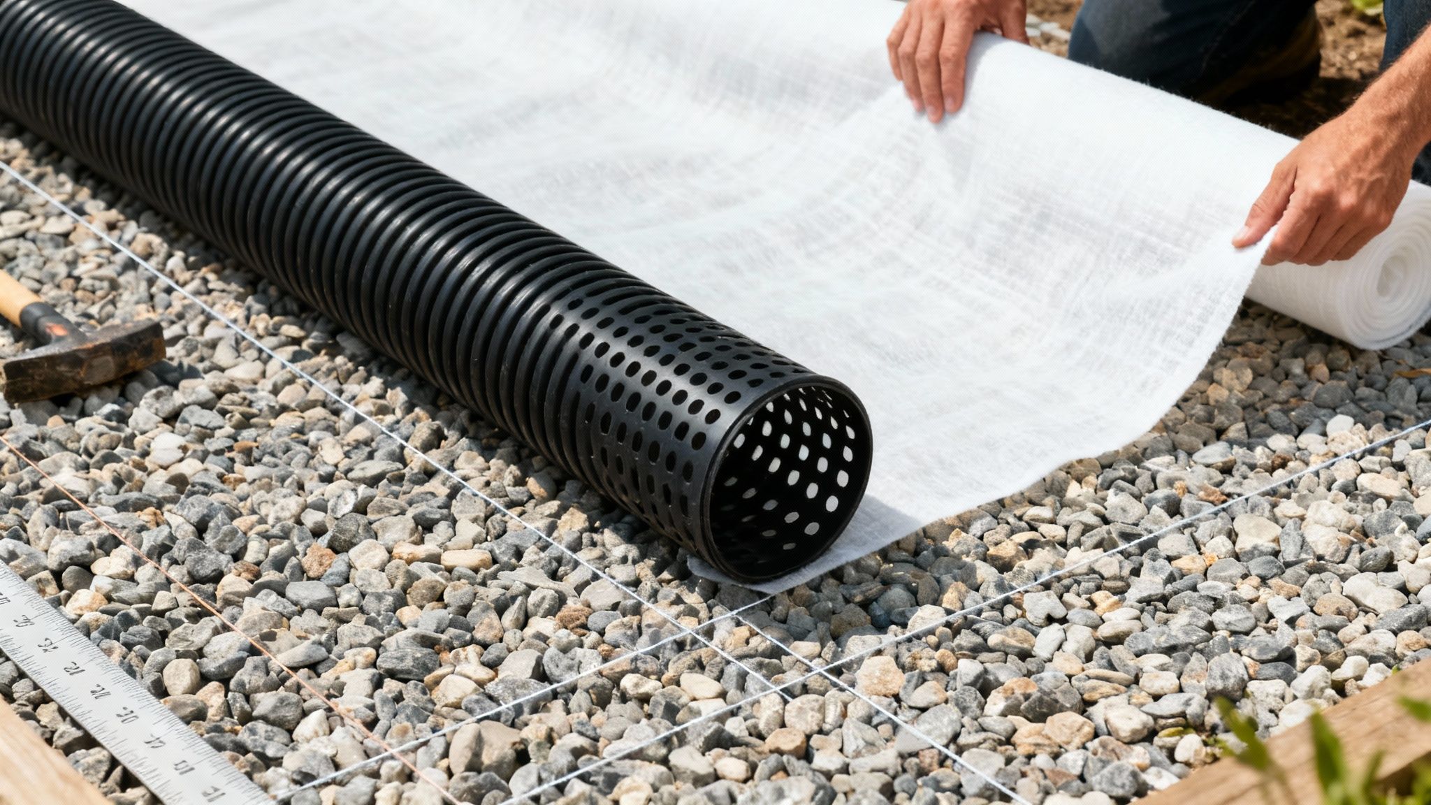 Mand installerer omfangsdræn med drænrør og geotekstil på en grusbund, del af et gør-det-selv projekt.
