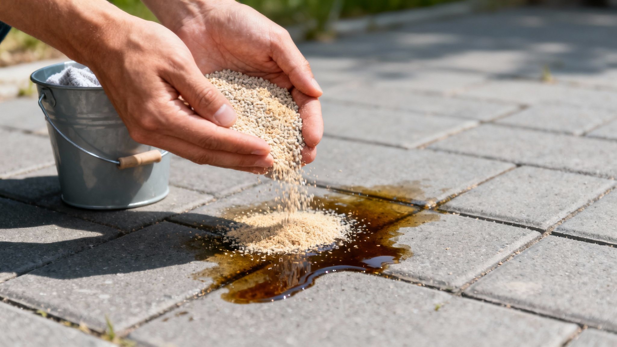 Friske oliepletter på fliser dækket med et absorberende pulver.