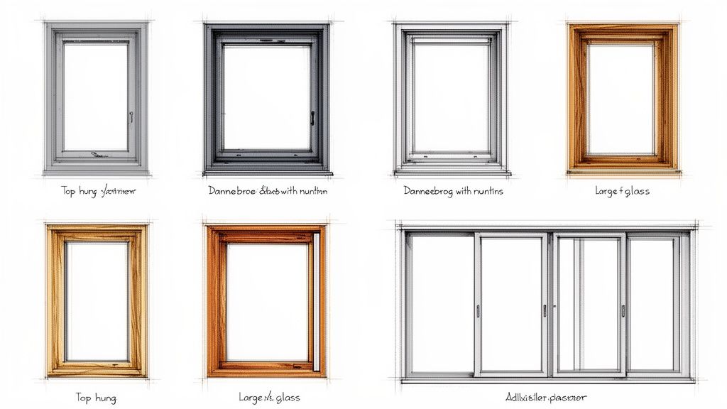 Oversigt over forskellige vinduestyper og skydedøre, inklusive topstyrede, dannebrog og store glaspartier i træ og aluminium.