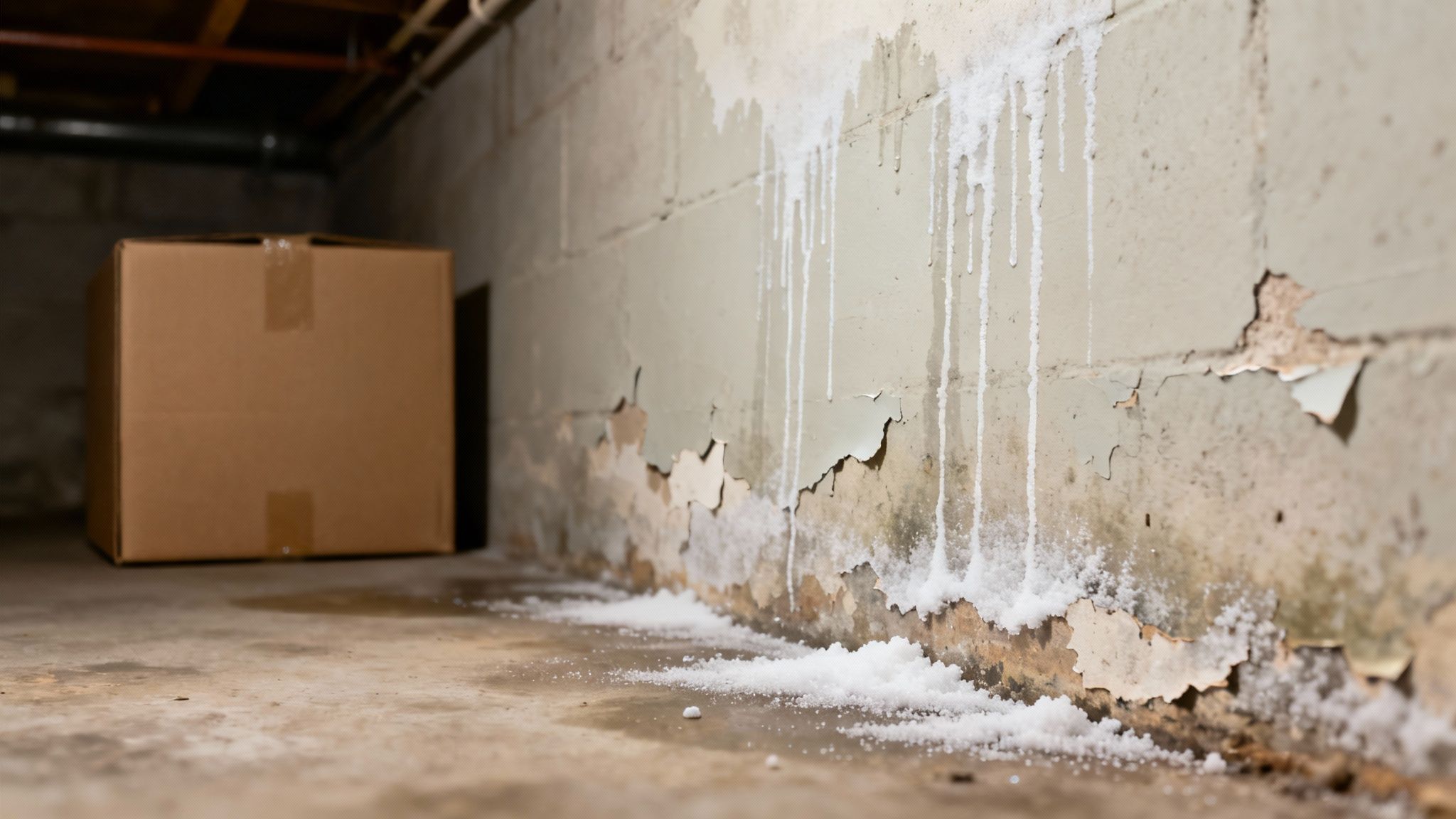 Et nærbillede af en fugtskadet kældervæg, hvor malingen skaller af.