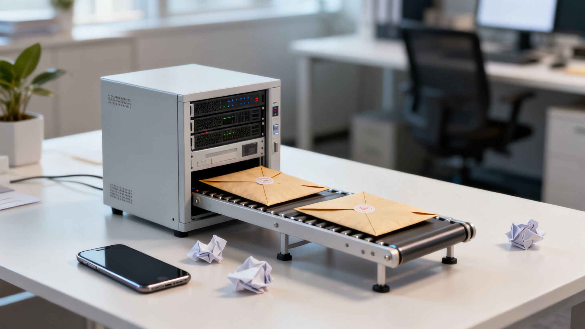 Et mini server-rack i et kontor, der behandler breve på et transportbånd, symboliserer automatisering.