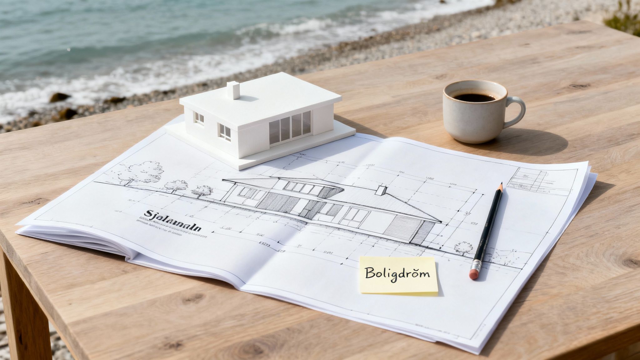 Plantegninger, en hvid husmodel, kaffe og blyant på et træbord ved kysten, med en 'Boligdröm' post-it.