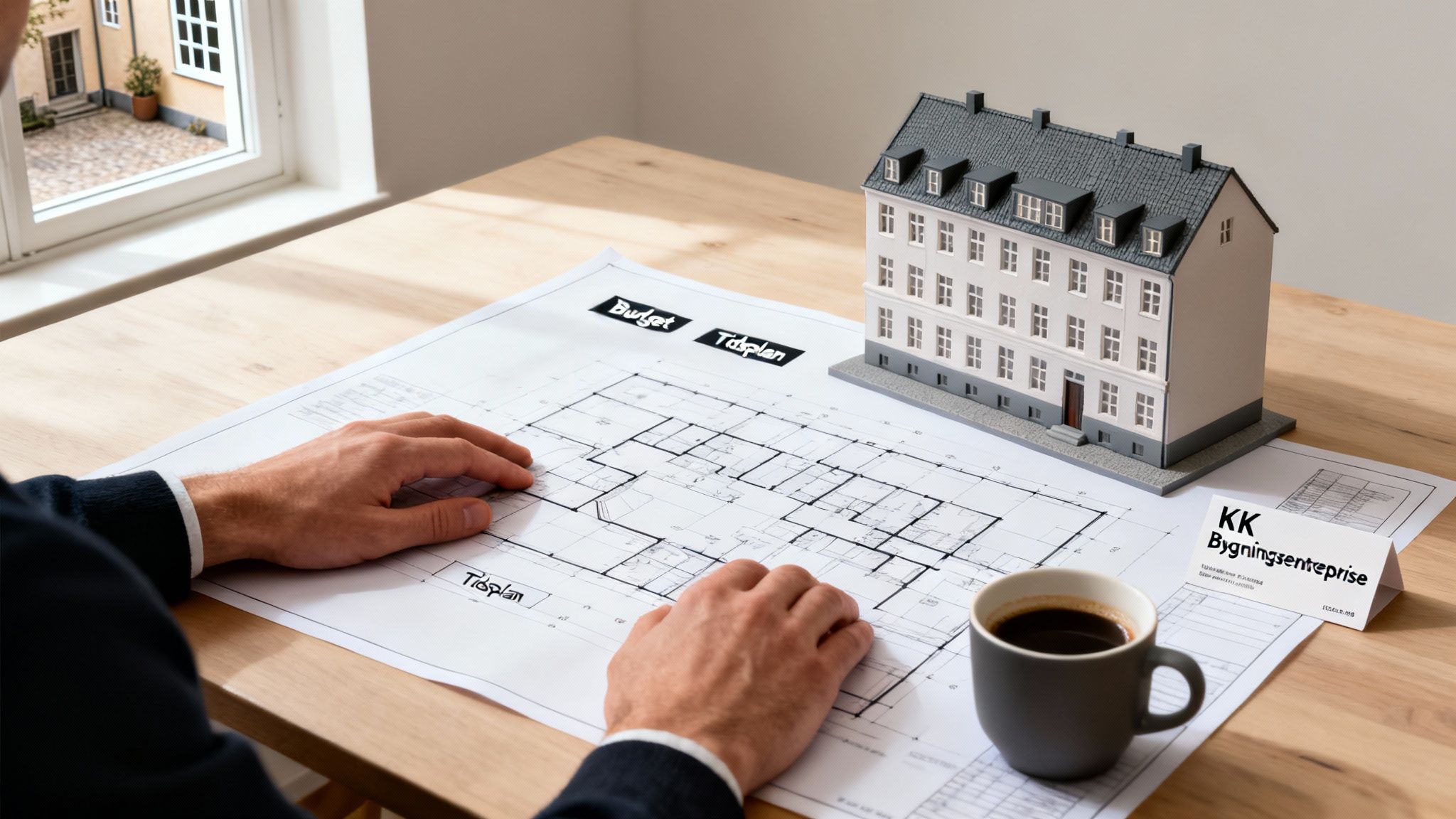 Person studerer arkitekttegninger og bygningsmodel med fokus på budget og tidsplan for en bygningsentreprise.