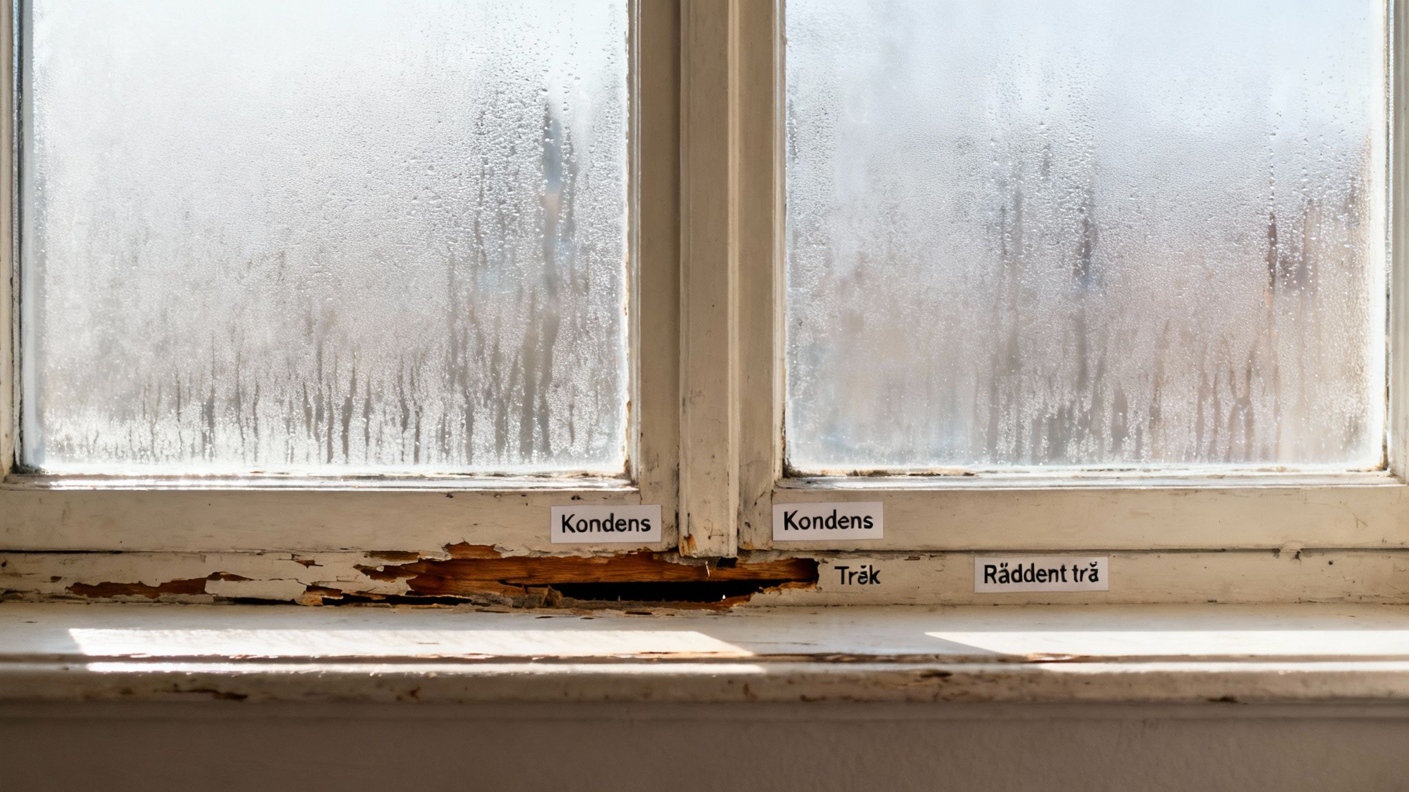 Gammelt vindue med duggede ruder og beskadiget, råddent træ i vindueskarmen, hvilket indikerer fugtproblemer.
