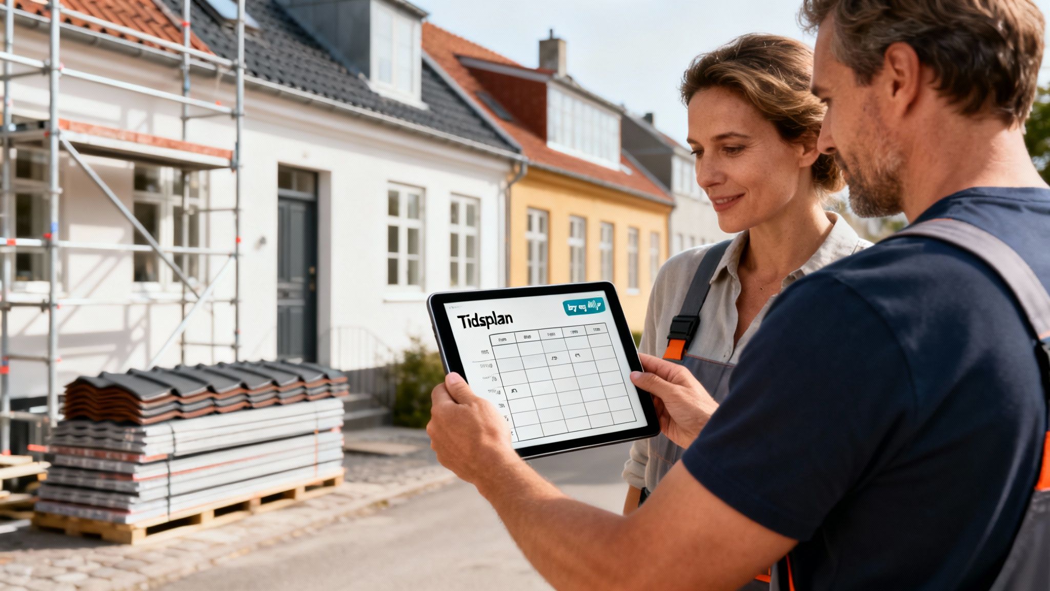 Et par gennemgår en tidsplan på en tablet foran et hus under tagrenovering.
