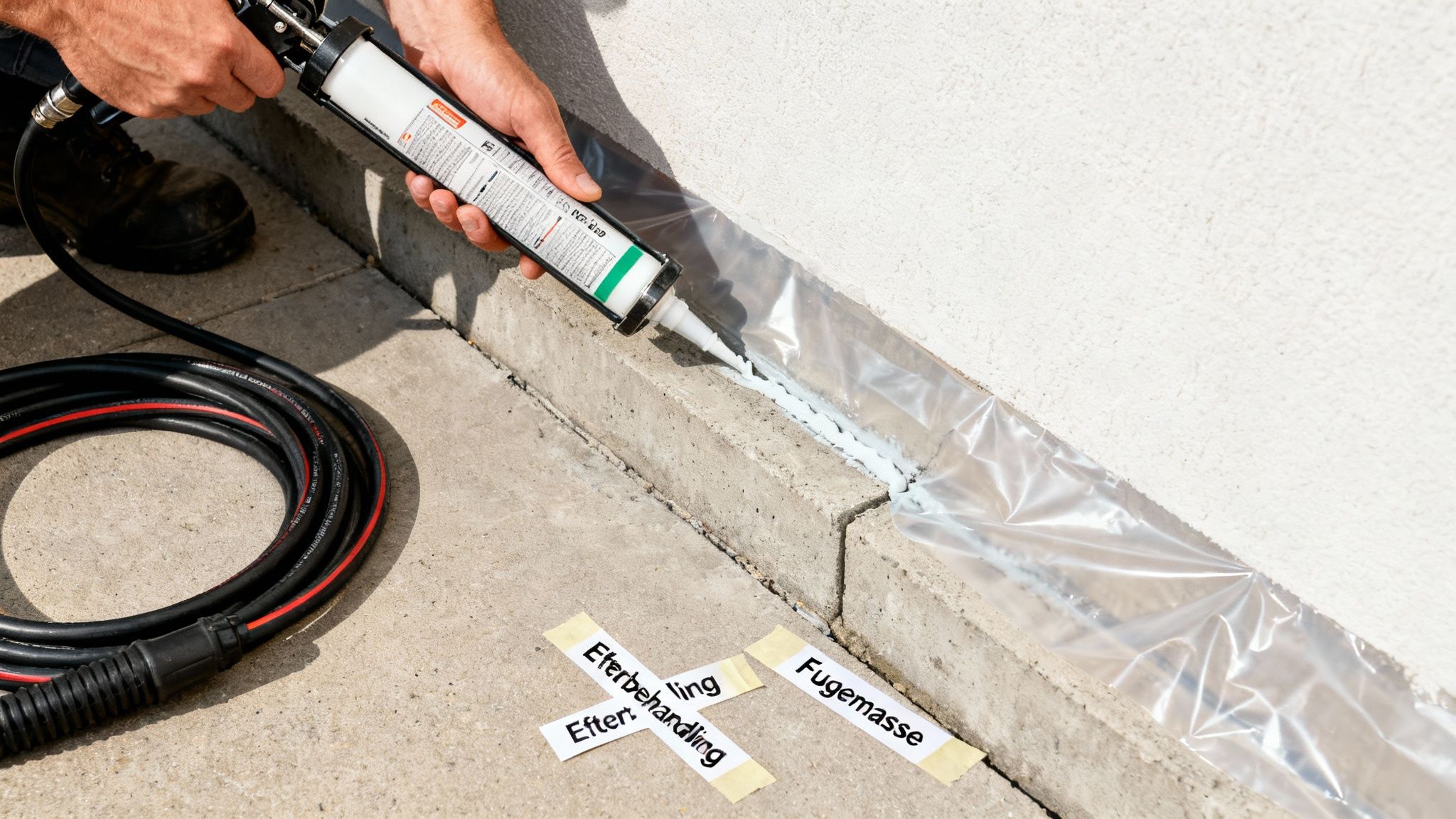 Person påfører fugemasse mellem mur og beton, beskyttet af plastikdug. Noter om efterbehandling og fugemasse på jorden.