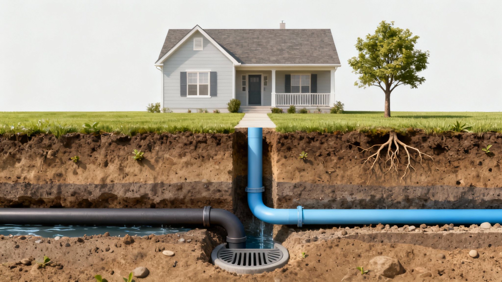 Kloakarbejder i gang med at lægge nye kloakrør til separering i en have.