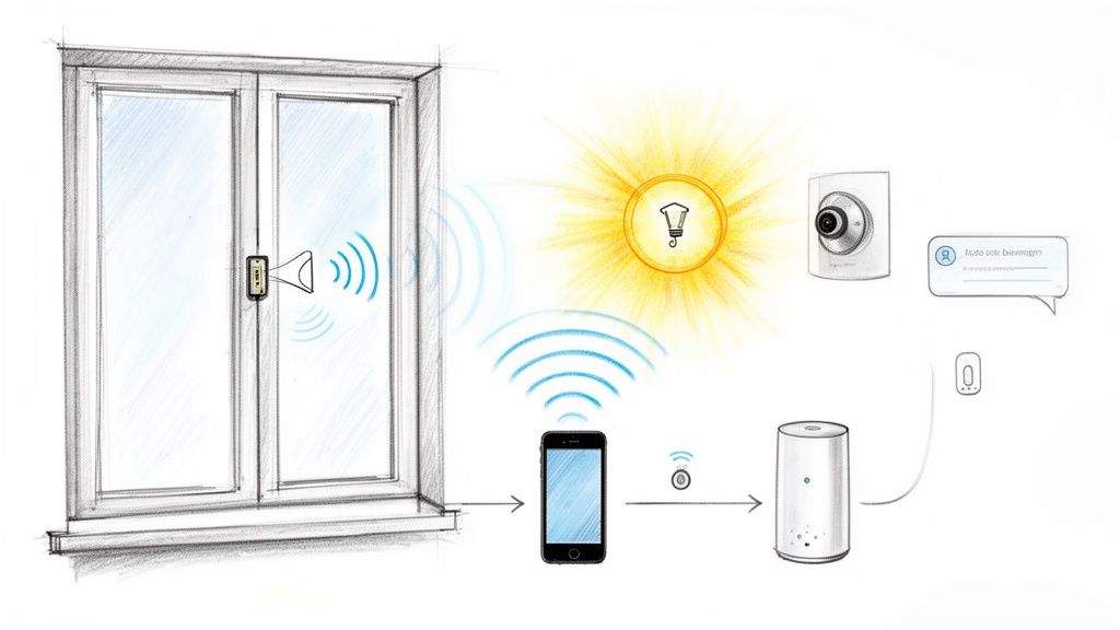 Et smart hjem sikkerhedssystem med vinduessensor, telefon, hub, kamera og smart lys integration.